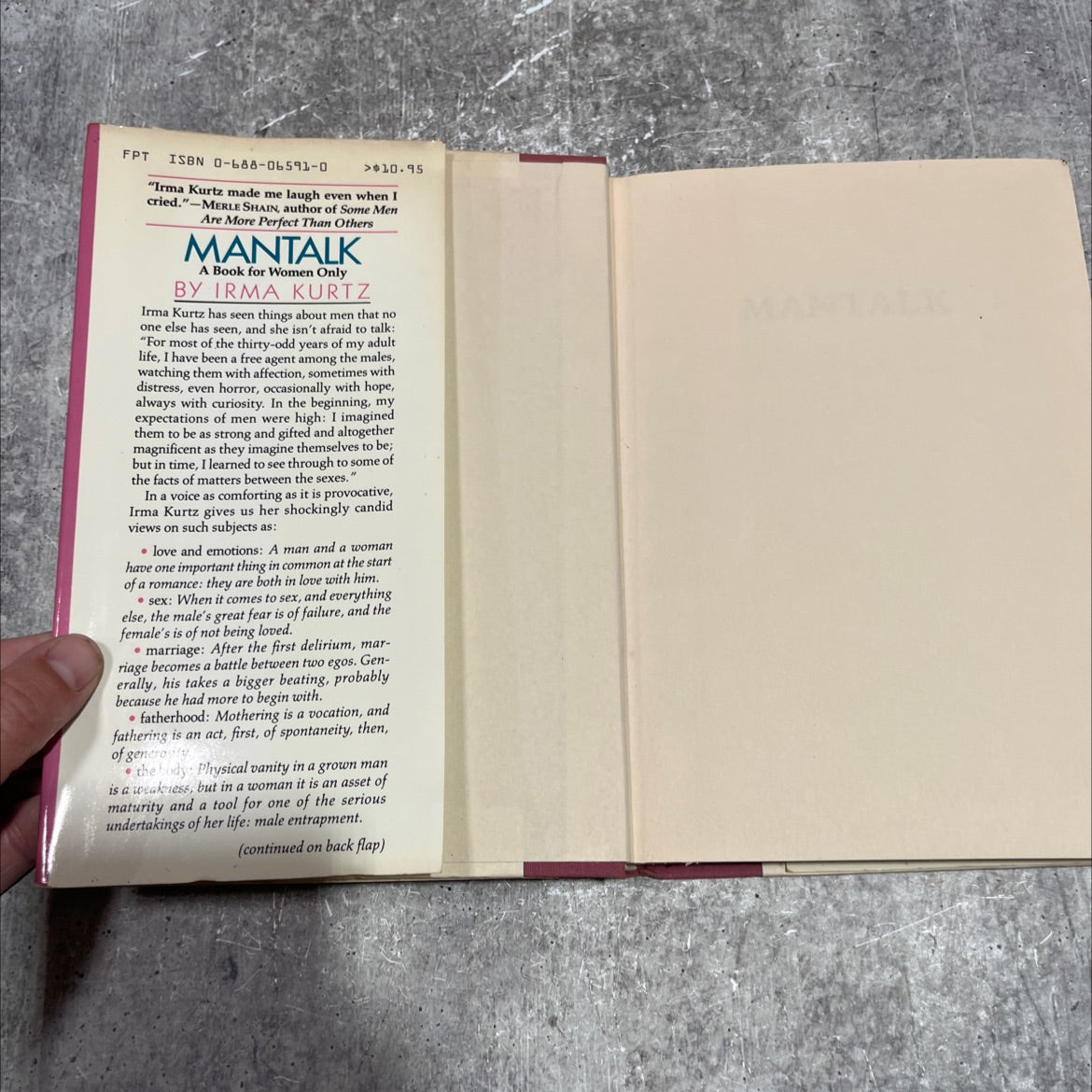 mantalk a book for women only book, by Irma Kurtz, 1986 Hardcover image 4
