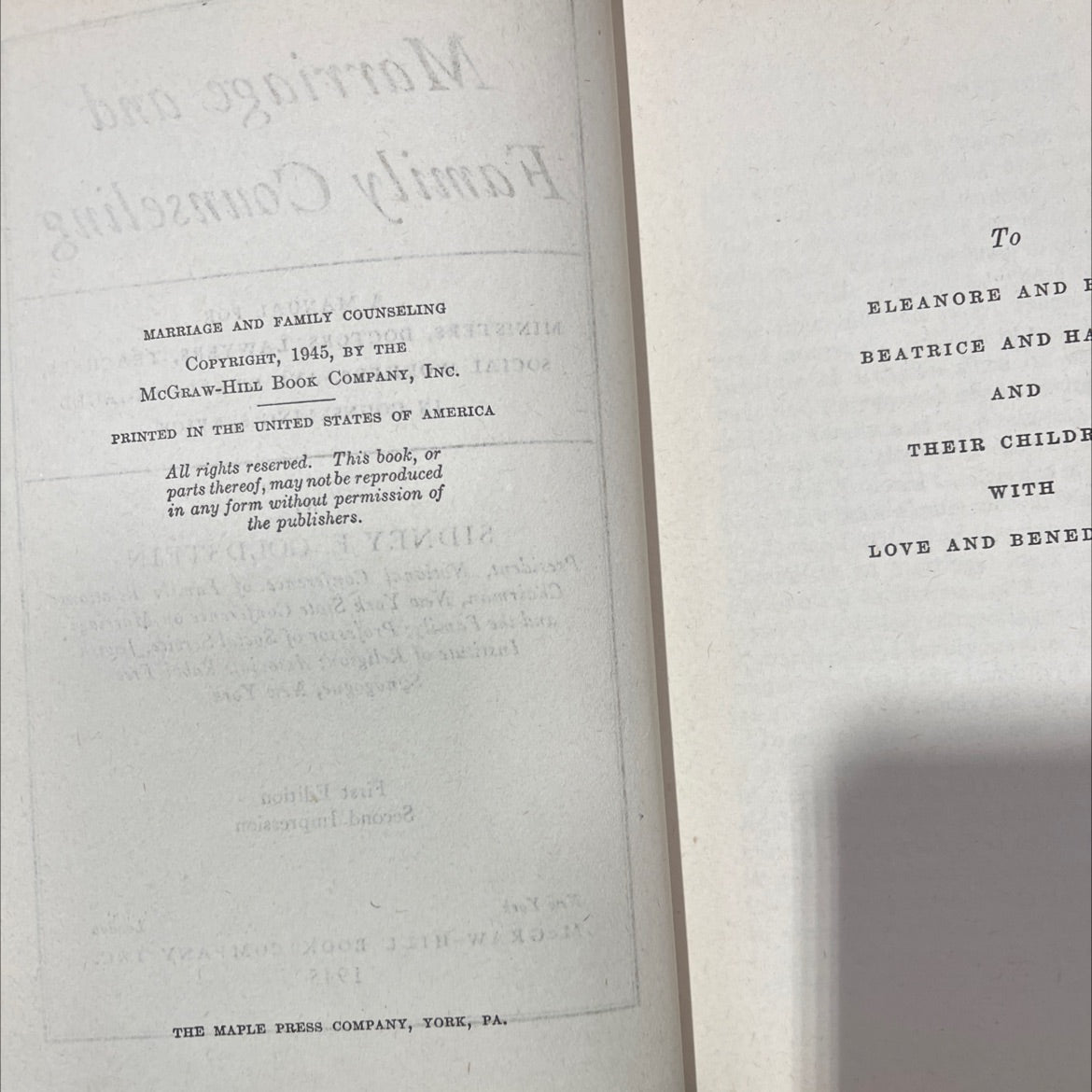 marriage and family counseling book, by sidney e. goldstein, 1945 Hardcover image 3