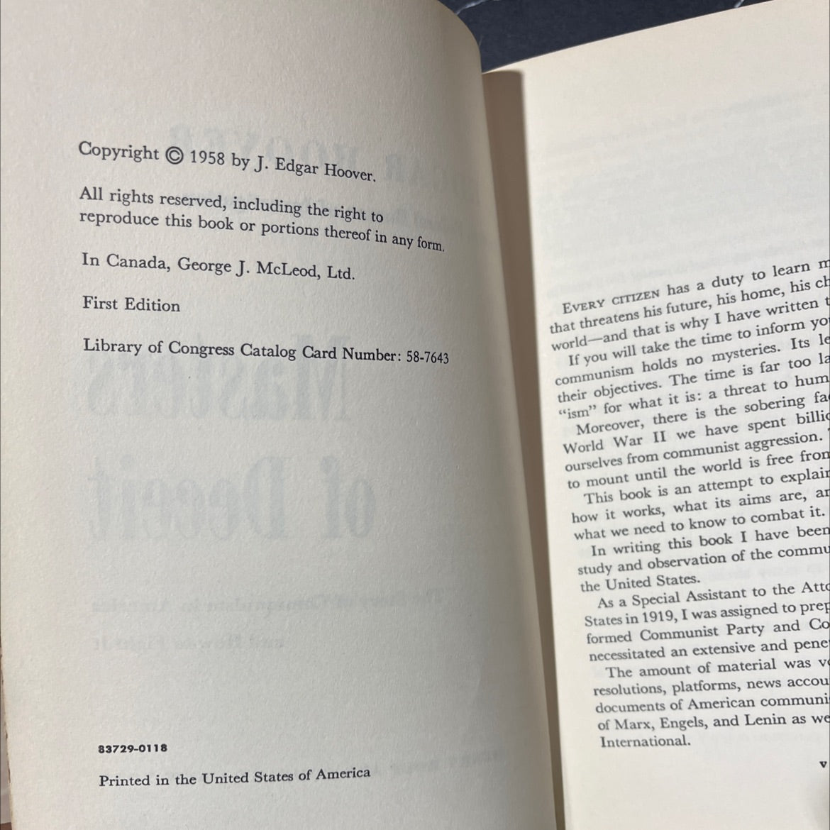 masters of deceit the story of communism in america and how to fight it book, by j. edgar hoover, 1958 Hardcover, First image 3