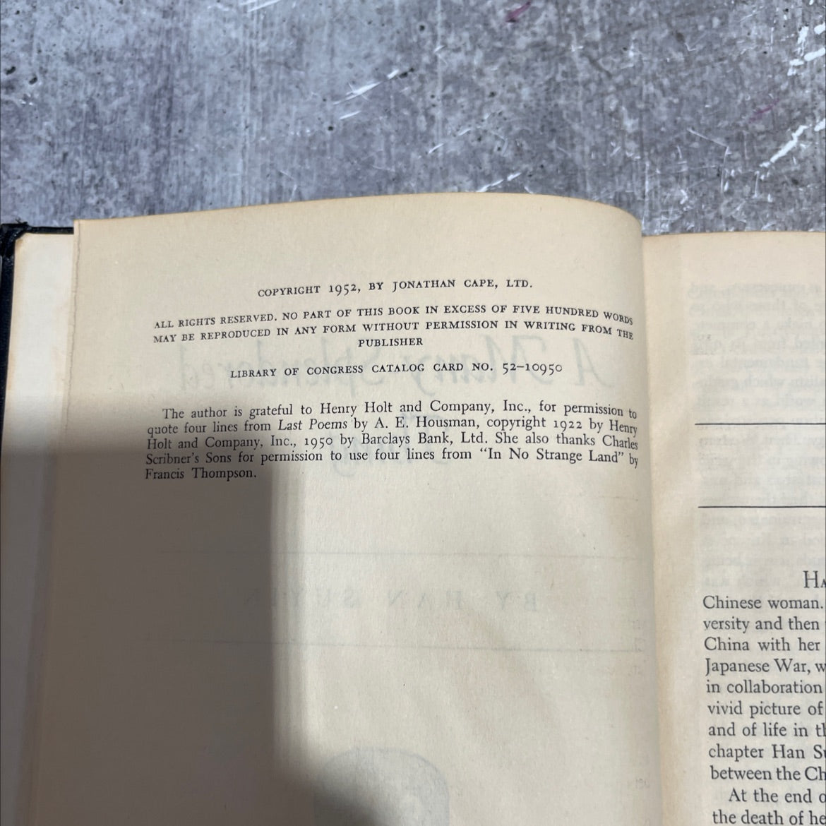 nca a many-splendored thing book, by han suyin, 1952 Hardcover image 3