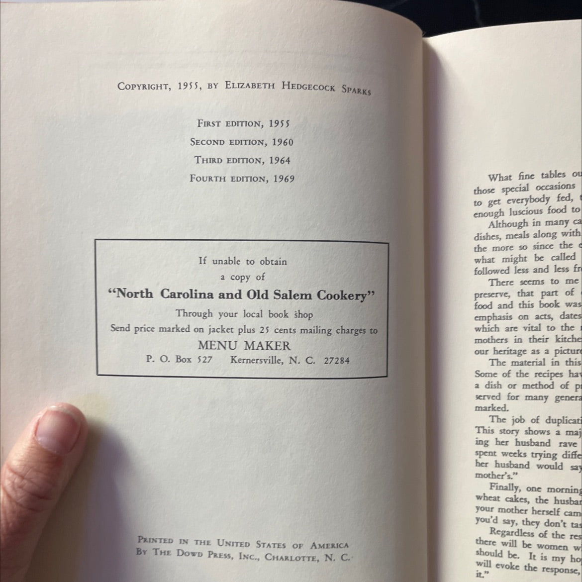north carolina and old salem cookery book, by elizabeth hedgecock sparks, 1969 Hardcover image 3