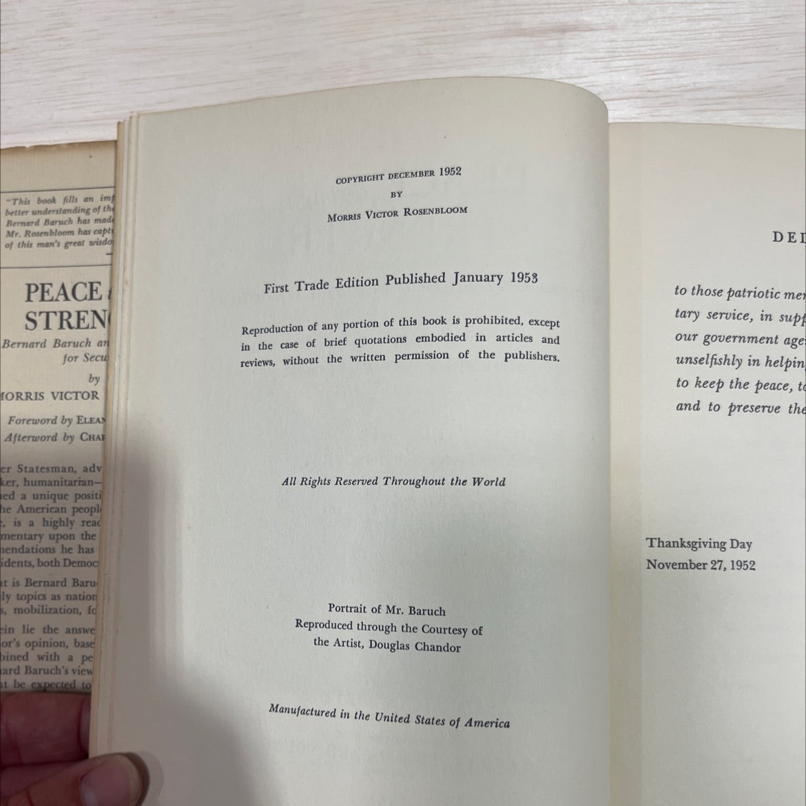 SIGNED peace through strength bernard baruch and a blueprint for security book, by morris v. rosenbloom, 1953 image 3