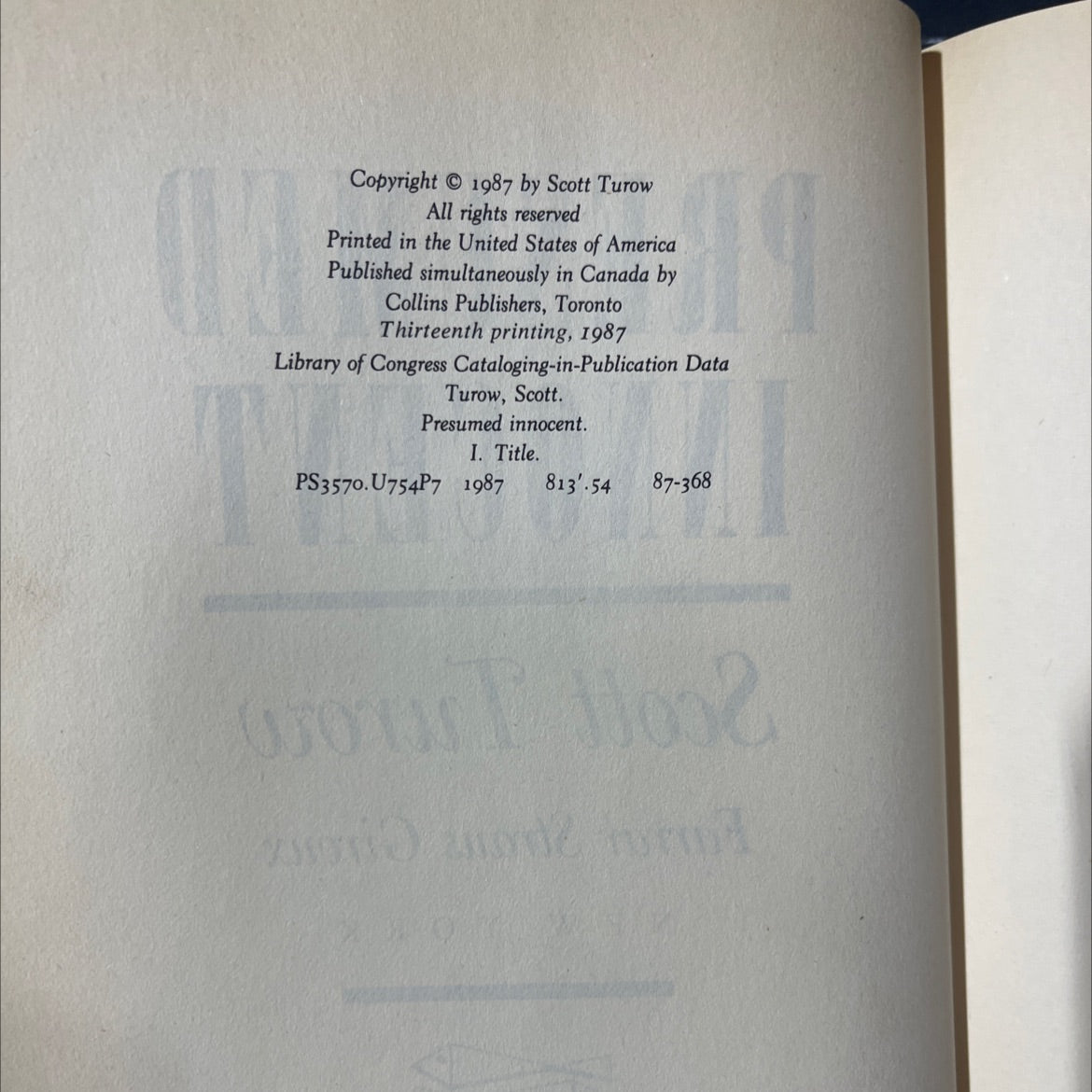 presumed innocent book, by Scott Turow, 1987 Hardcover image 3