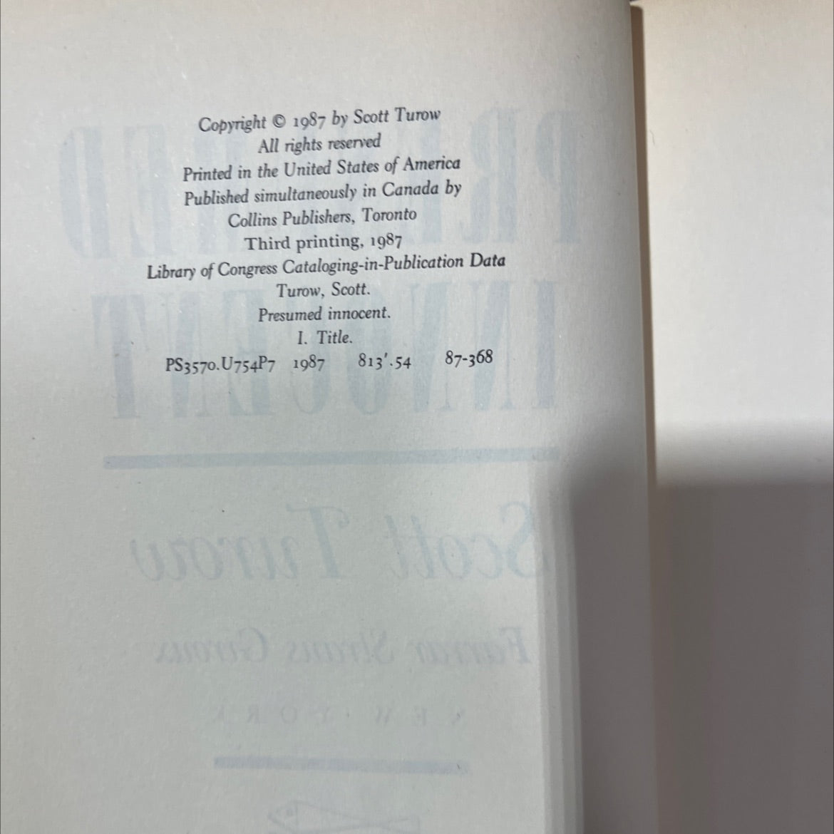 presumed innocent book, by Scott Turow, 1987 Hardcover image 3