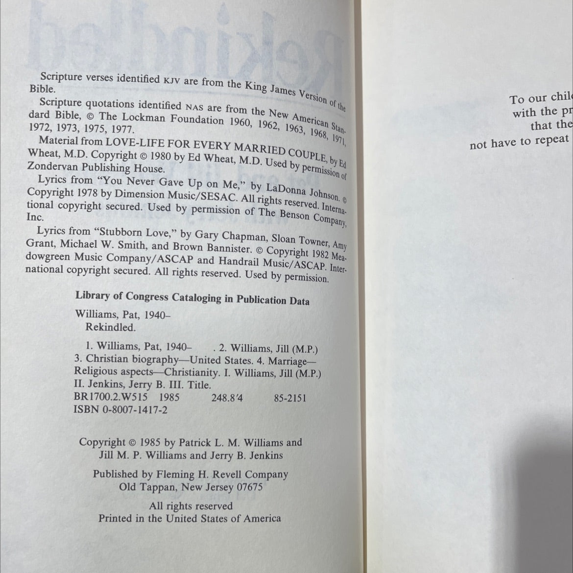 rekindled book, by Pat Williams, Jill Williams, Jerry Jenkins, 1985 Hardcover image 3