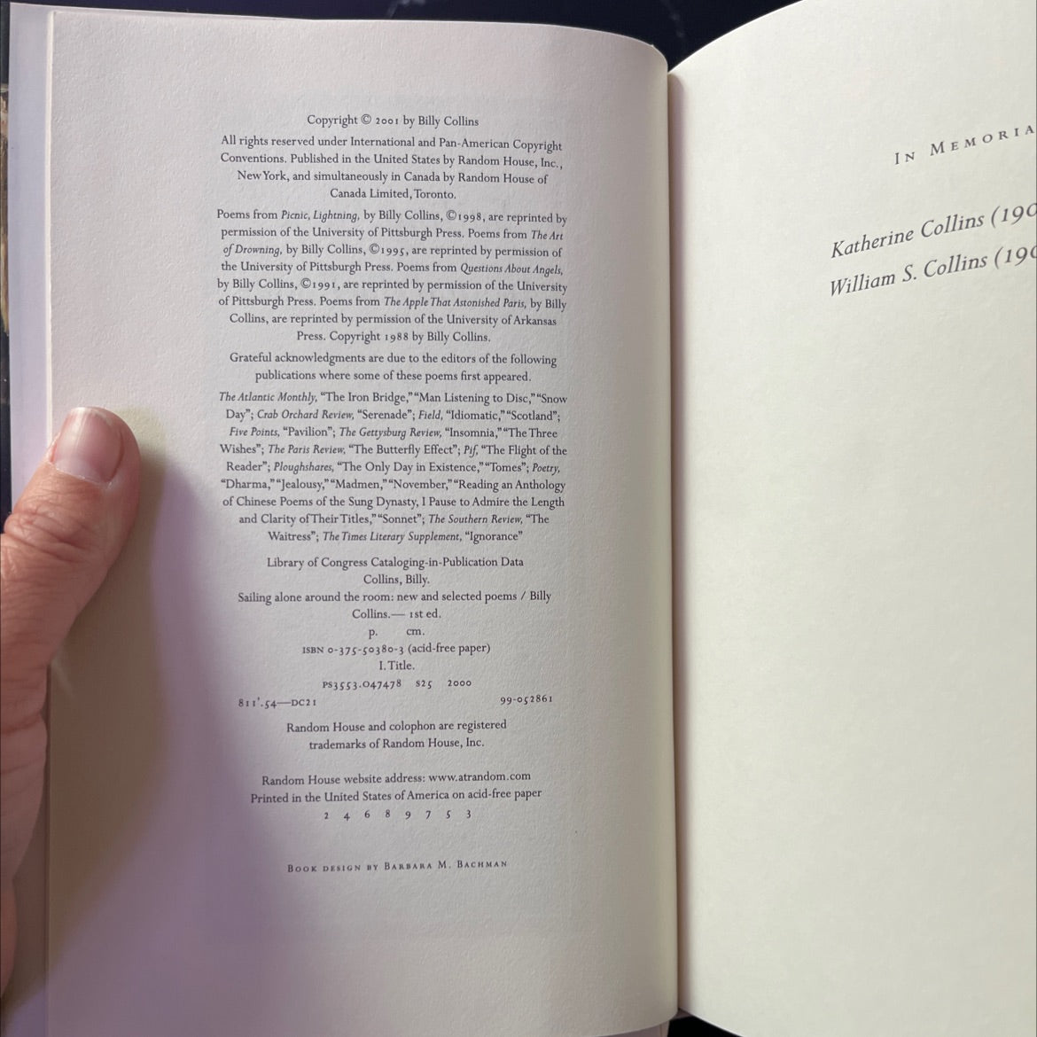 sailing alone around the room: new and selected poems book, by billy collins, 2001 Hardcover image 3