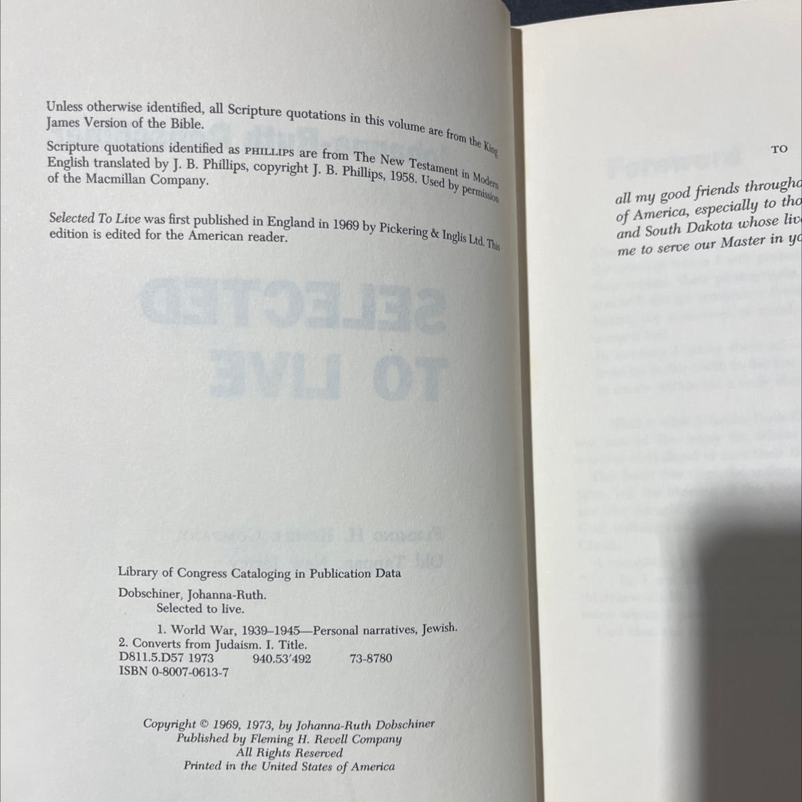 selected to live book, by Johanna-Ruth Dobschiner, 1973 Hardcover image 3