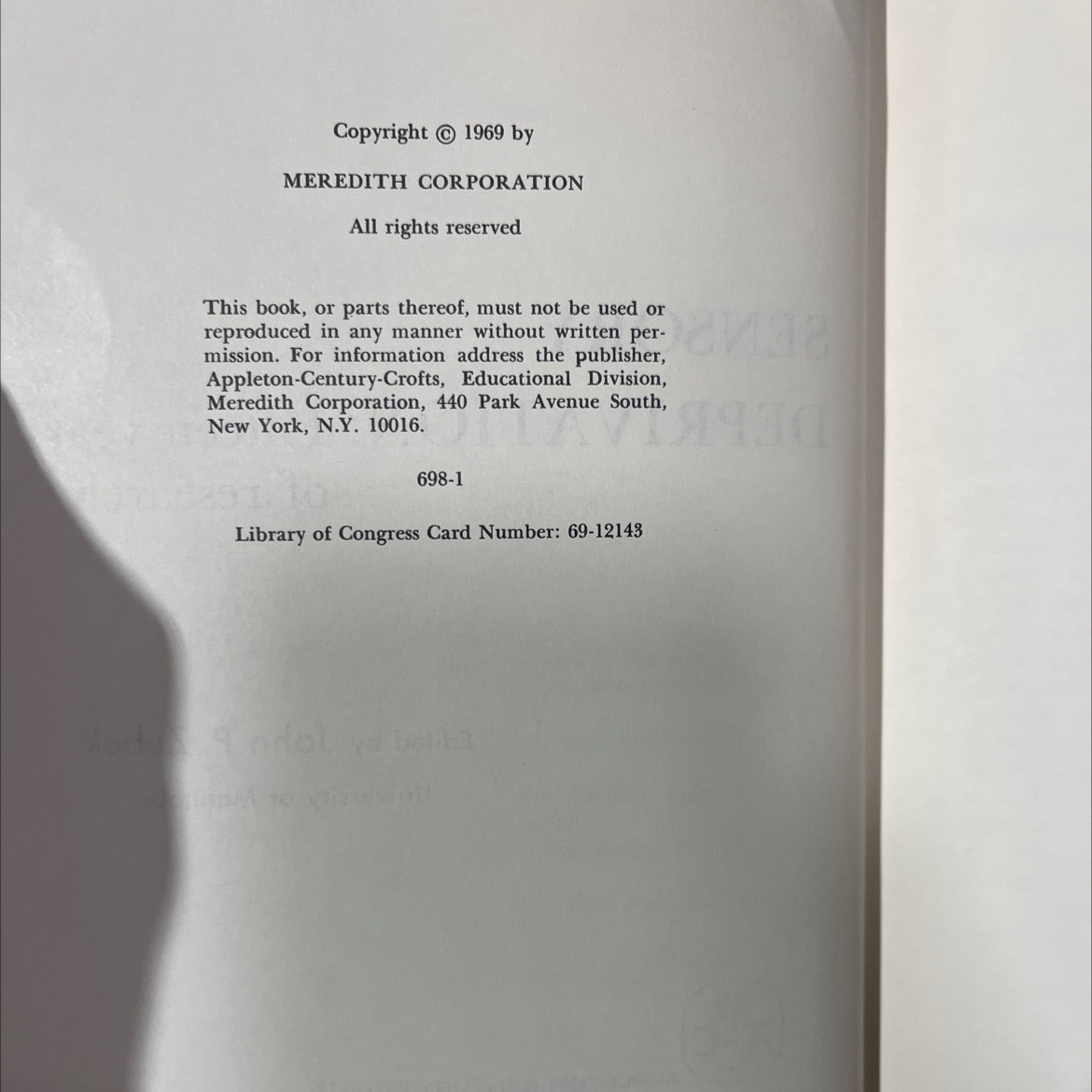 sensory deprivation: fifteen years of research book, by John P. Zubek, 1969 Hardcover image 3
