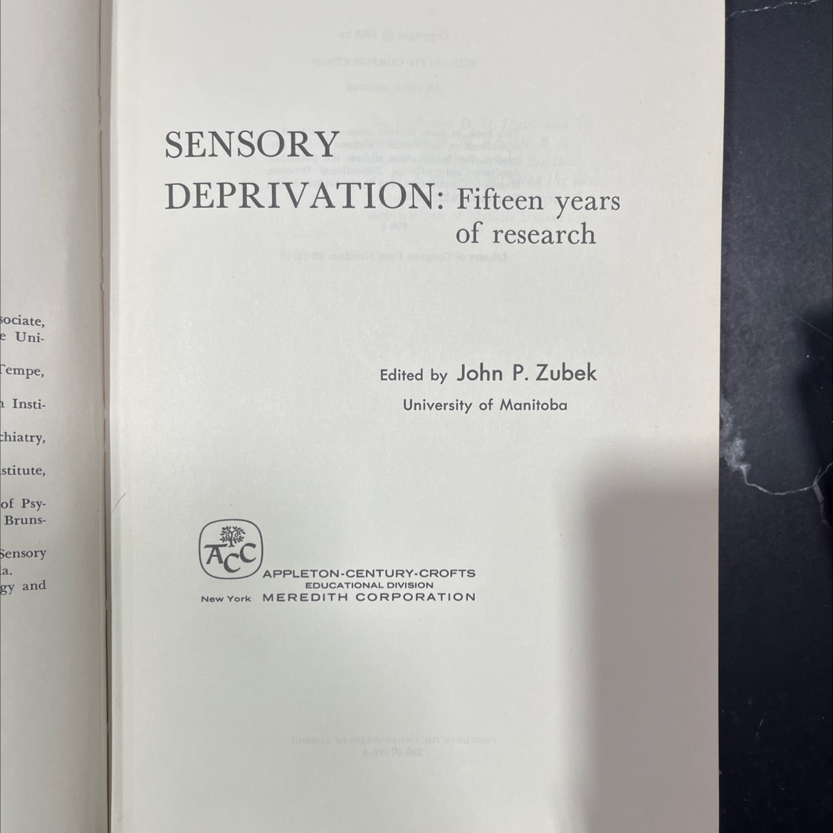 sensory deprivation: fifteen years of research book, by John P. Zubek, 1969 Hardcover image 2