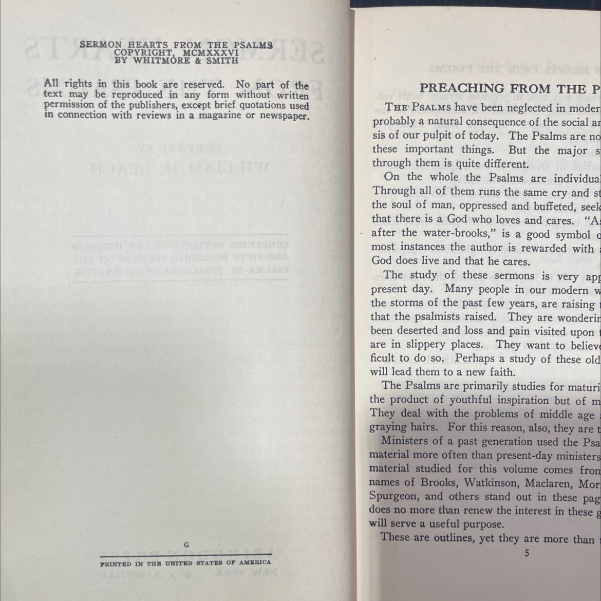 sermon hearts from the psalms book, by william h. leach, 1936 Hardcover image 3