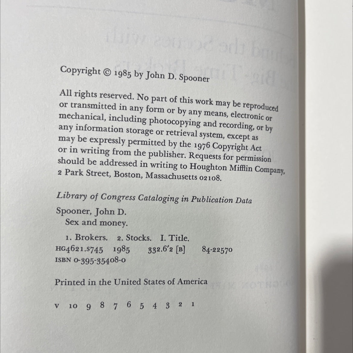 sex and money behind the scenes with the big-time brokers book, by john d. spooner, 1985 Hardcover image 3