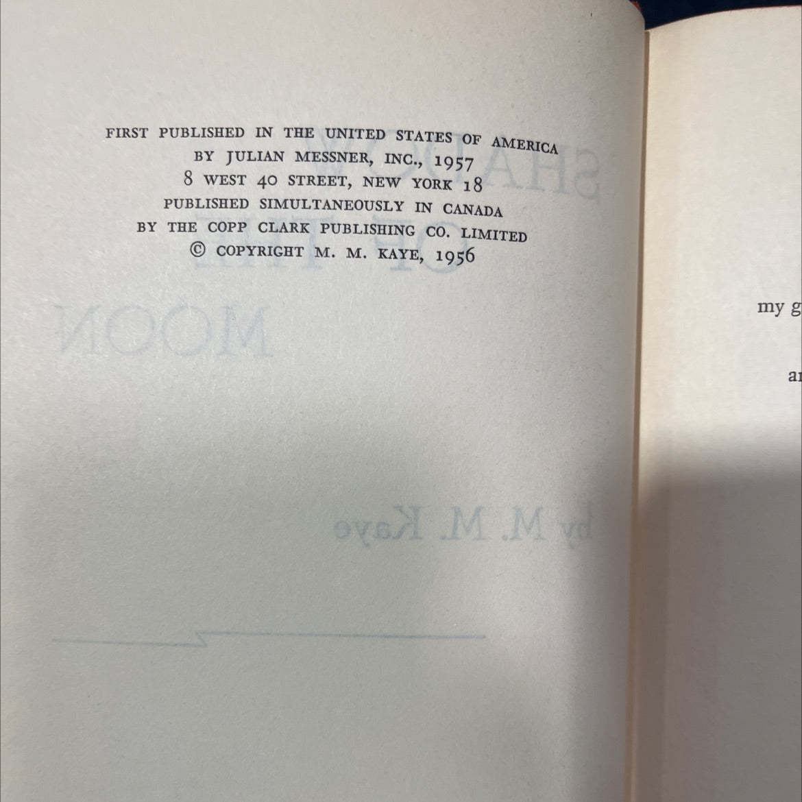 shadow of the moon book, by M. M. Kaye, 1957 Hardcover image 3