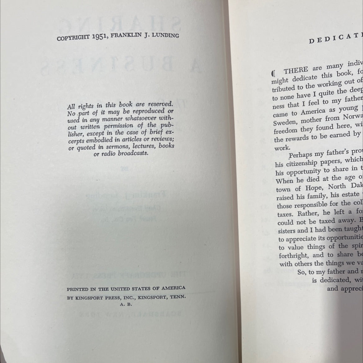 sharing a business the case study of a tested management philosophy book, by franklin j. lunding, 1951 Hardcover image 3