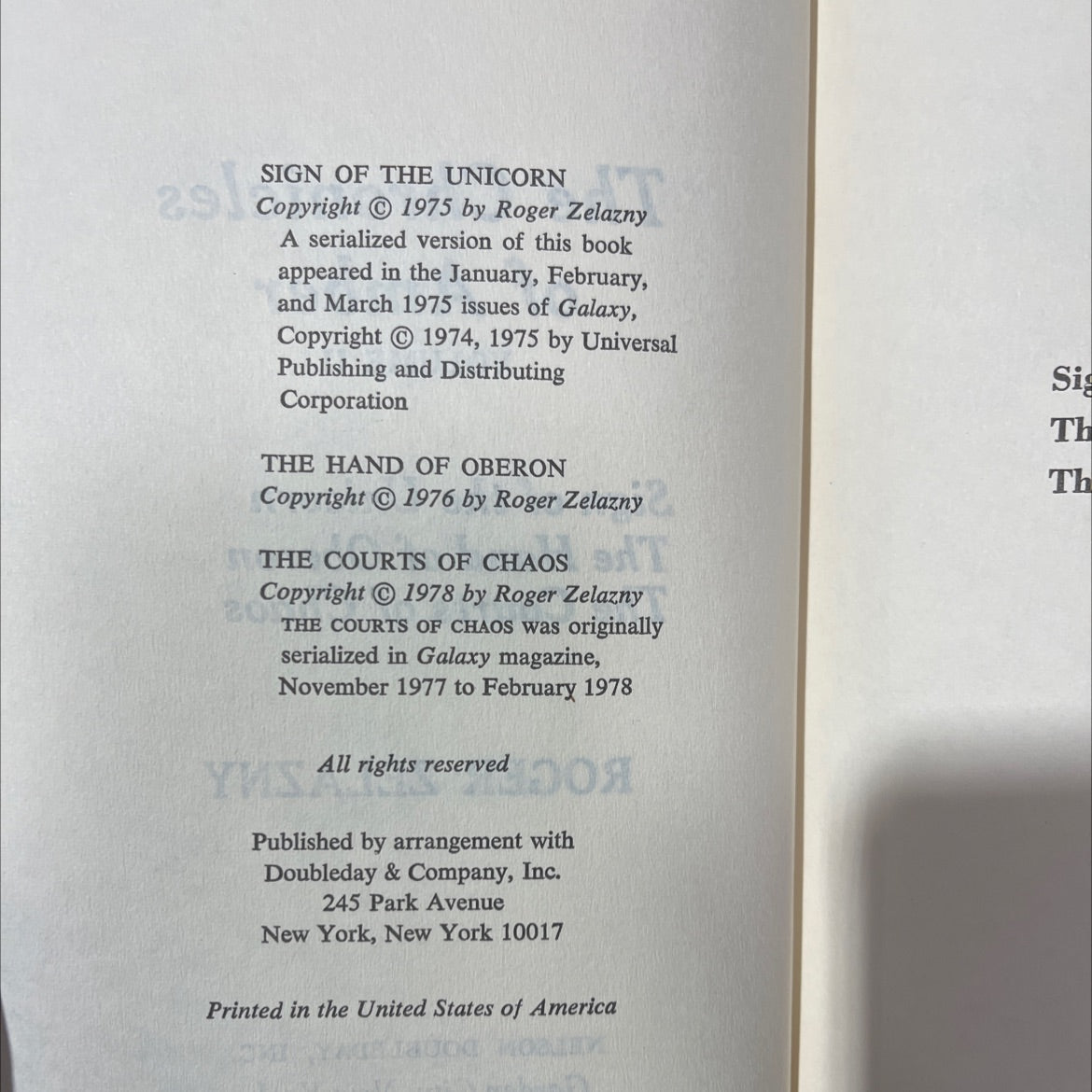 sign of the unicorn book, by roger zelazny, 1976 Hardcover image 3