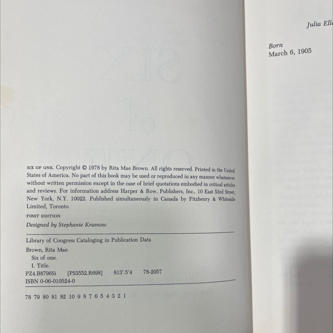 six of one book, by Rita Mae Brown, 1978 Hardcover image 3