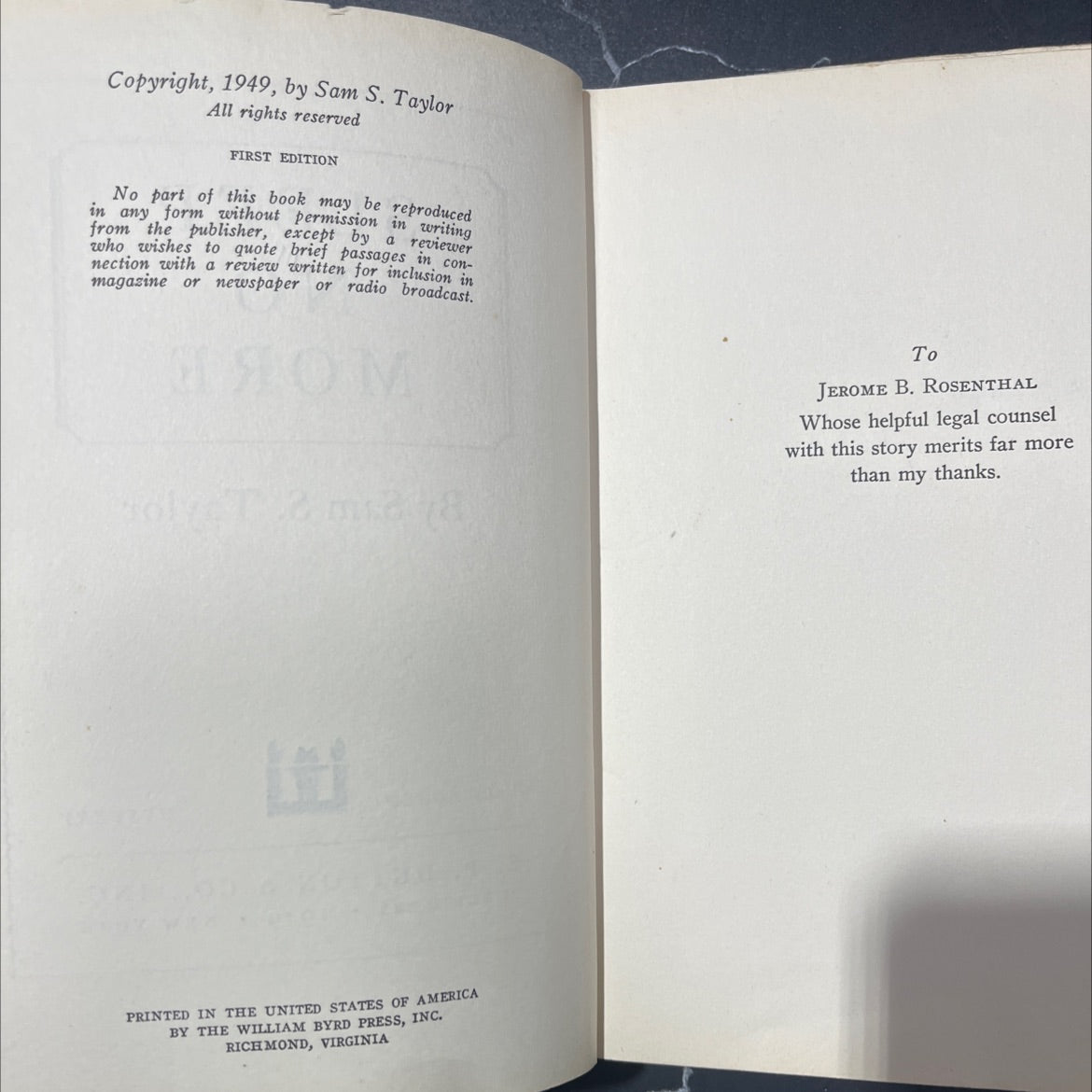 sleep ap no more book, by Sam S. Taylor, 1949 Hardcover image 3