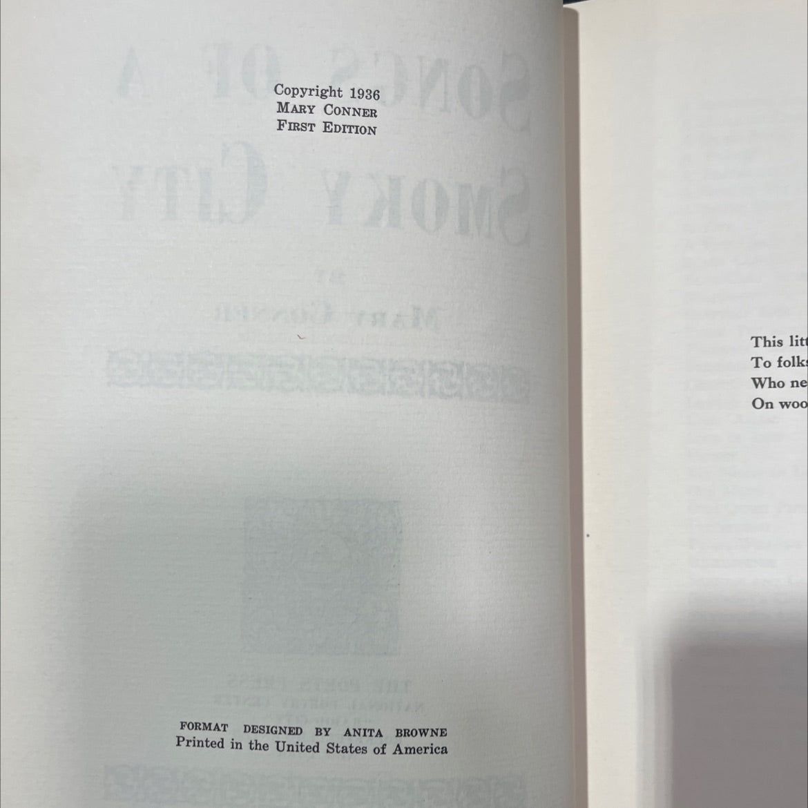 songs of a smoky city book, by mary conner, 1936 Hardcover, First Edition image 3