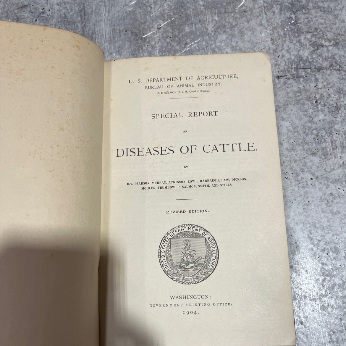 special report on diseases of cattle book, by D. E. Salmon, Drs. Pearson, Murray, Atkinson, Lowe, Harbaugh, Law, image 2
