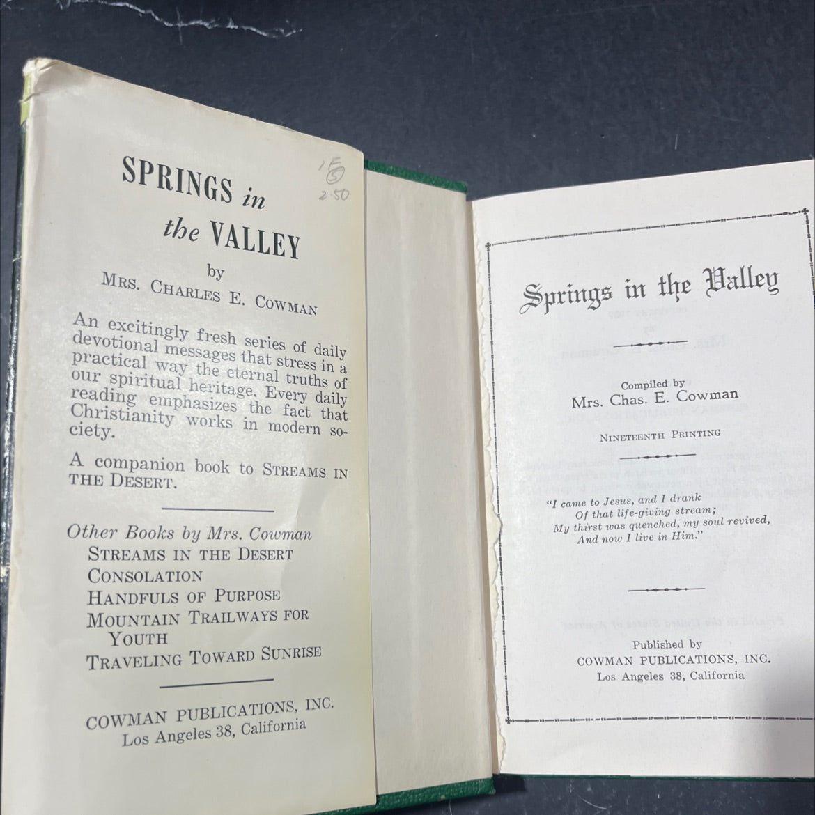 springs in the valley book, by Mrs. Chas. E. Cowman, 1950 Hardcover image 4