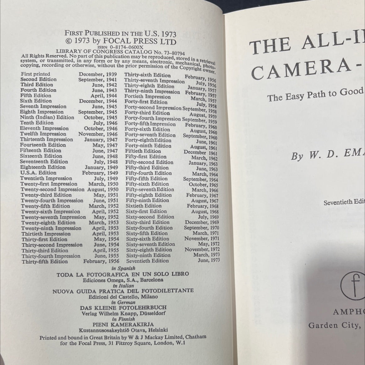 the all-in-one camera-book book, by w. d. emanuel, 1973 Hardcover image 3