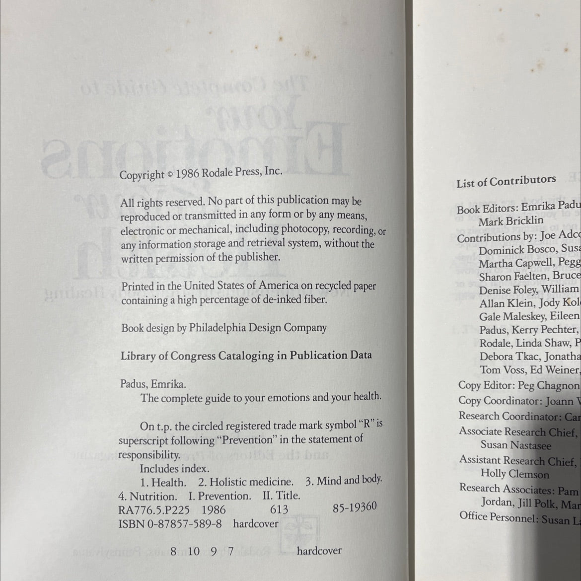the complete guide to your emotions & your health book, by emrika padus, 1986 Hardcover image 3