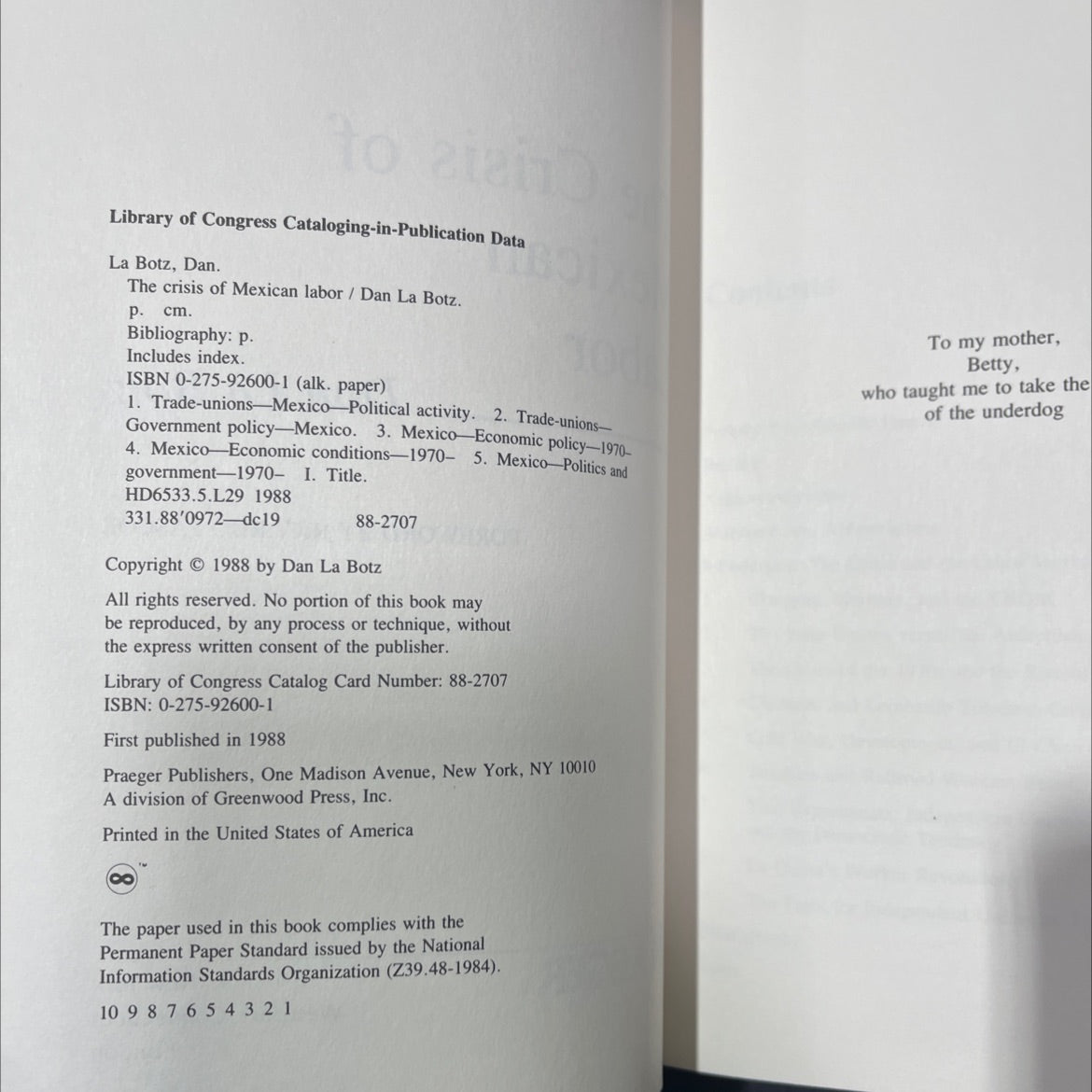 the crisis of mexican labor book, by Dan La Botz, 1988 Hardcover image 3