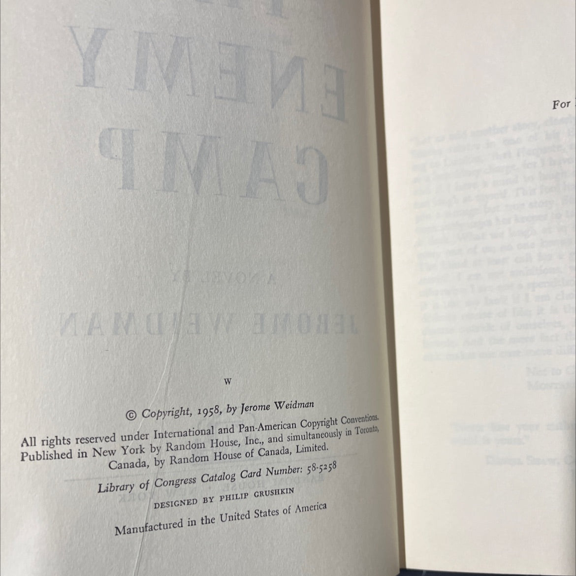 the enemy camp book, by Jerome Weidman, 1958 Hardcover image 3