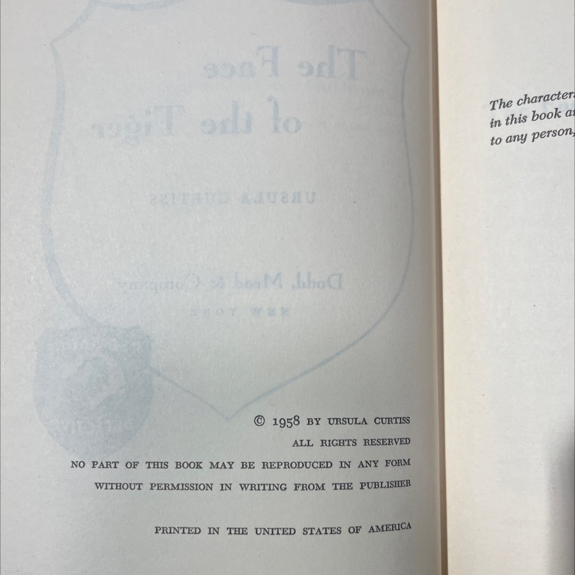the face of the tiger book, by ursula curtiss, 1958 Hardcover image 3