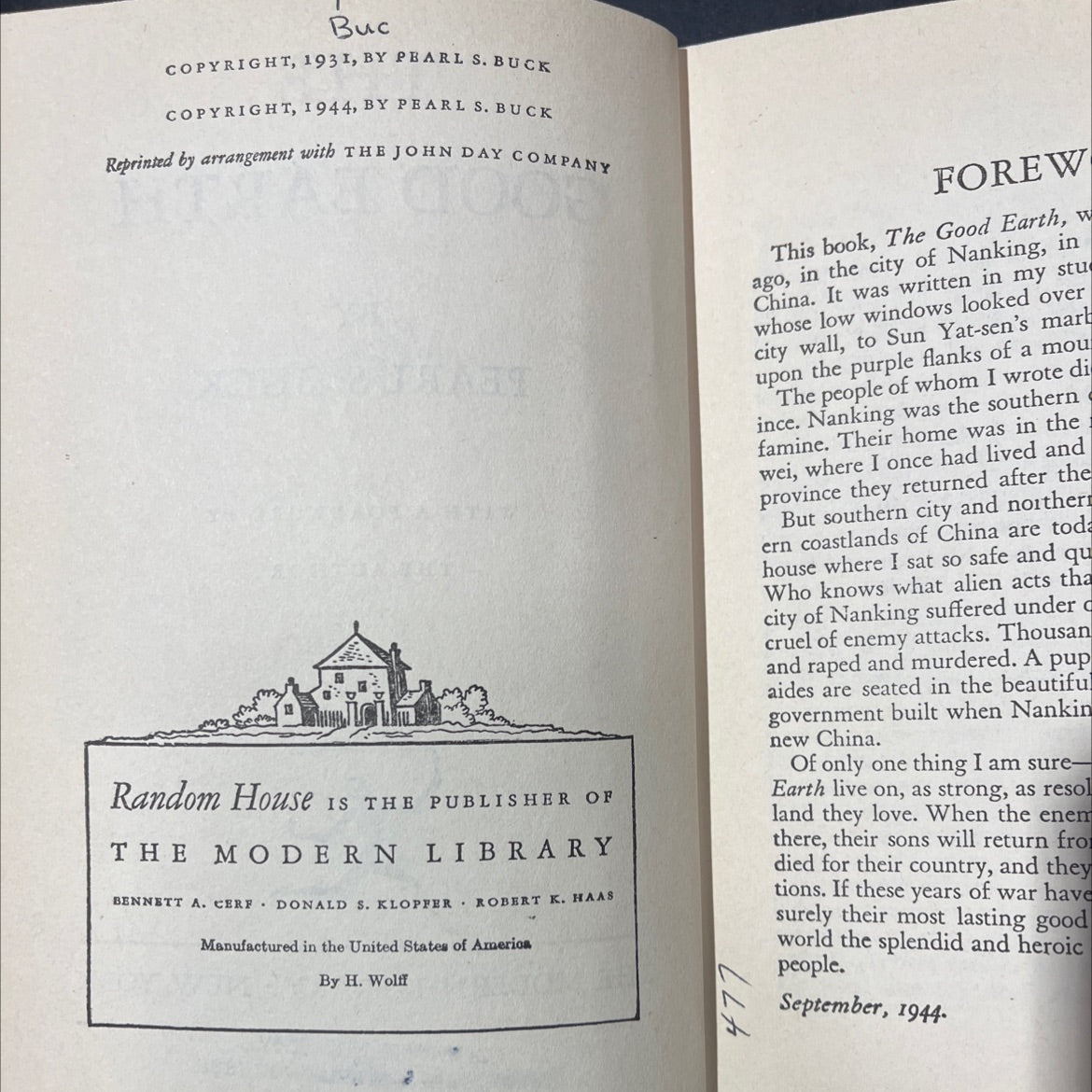 the good earth book, by pearl s. buck, 1944 Hardcover image 3