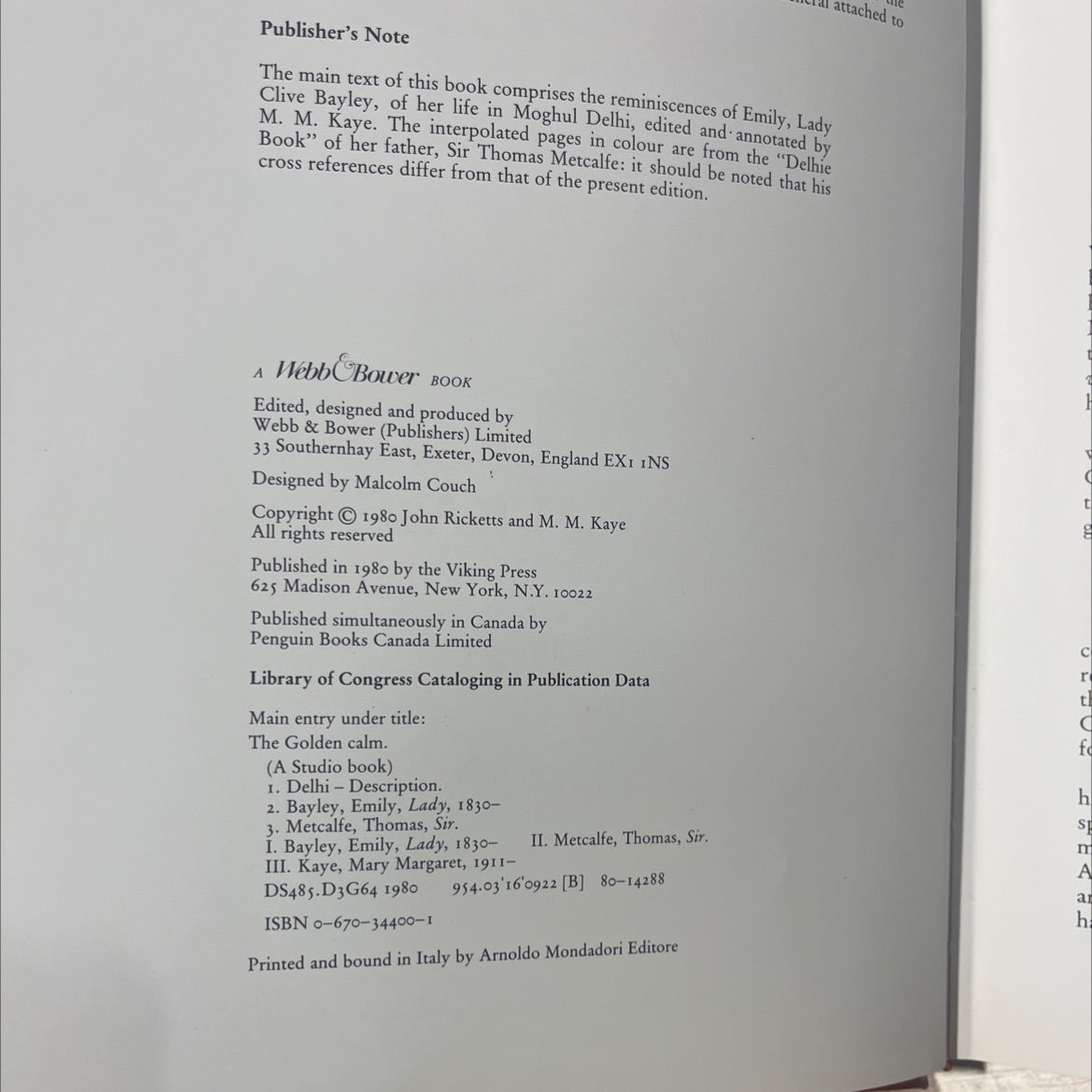 the holden calm an english lady's life in moghul delhi reminiscences book, by emily, lady clive bayley, 1980 Hardcover, image 3
