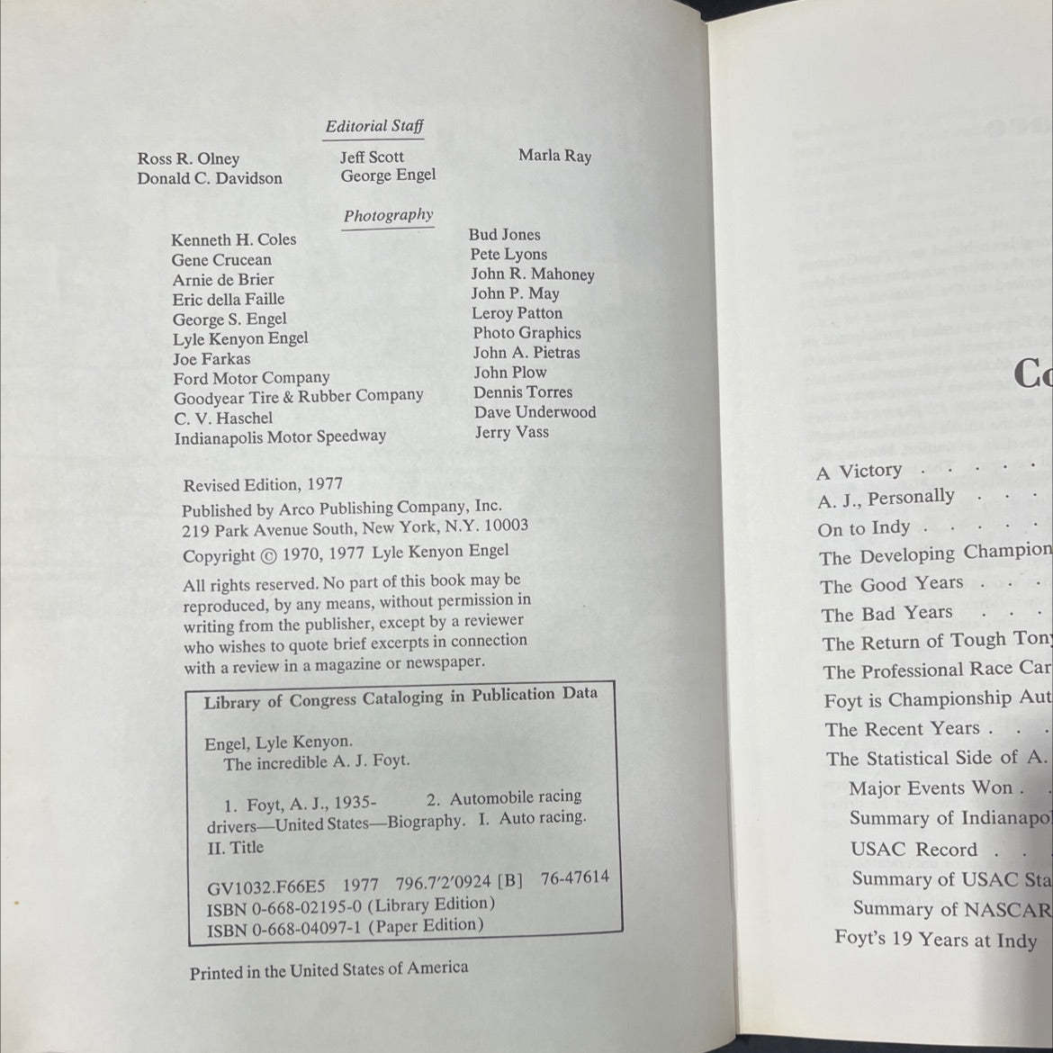 the incredible a.j. foyt book, by Lyle Kenyon Engel, 1977 Hardcover image 3