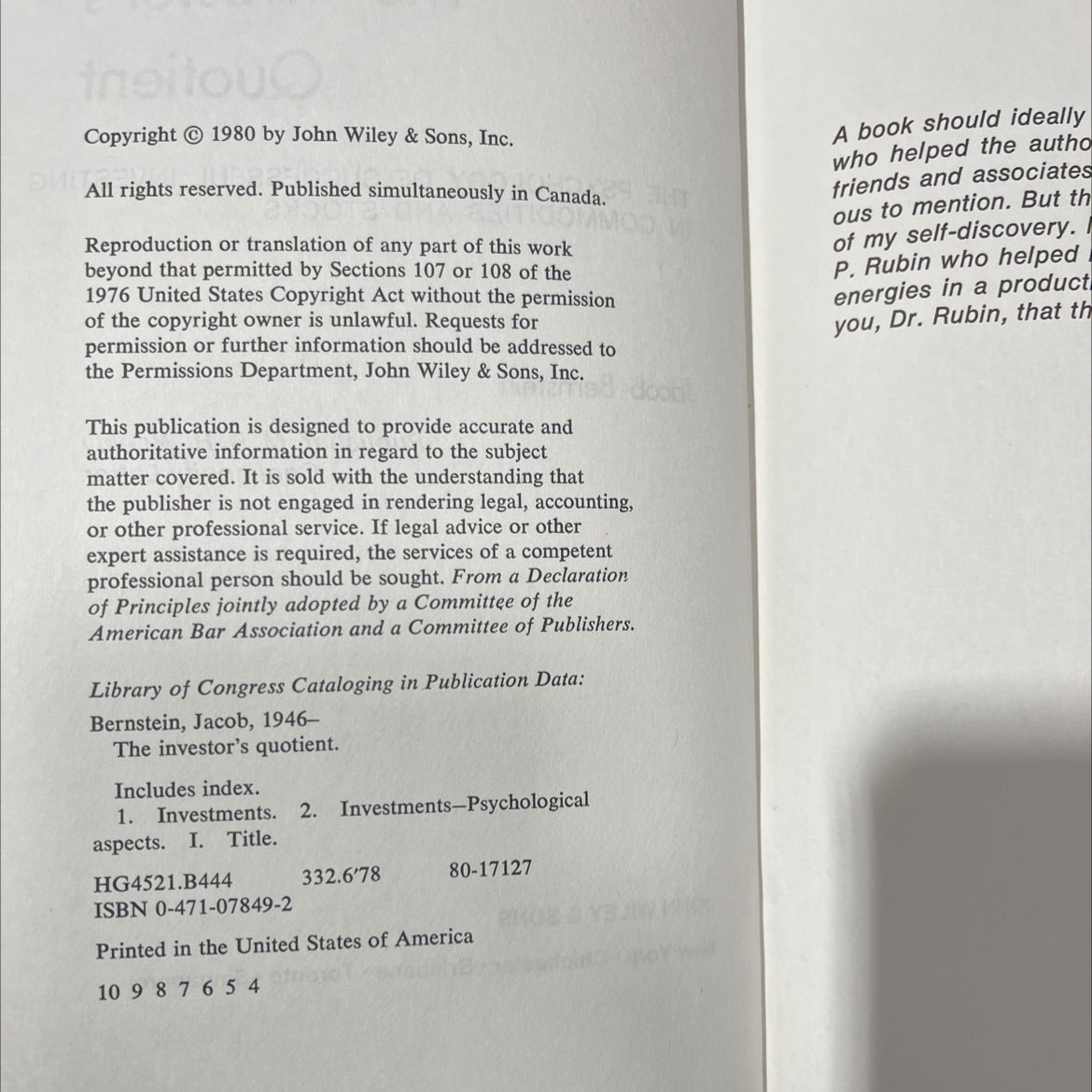 the investor's quotient book, by Jacob Bernstein, 1980 Hardcover image 3