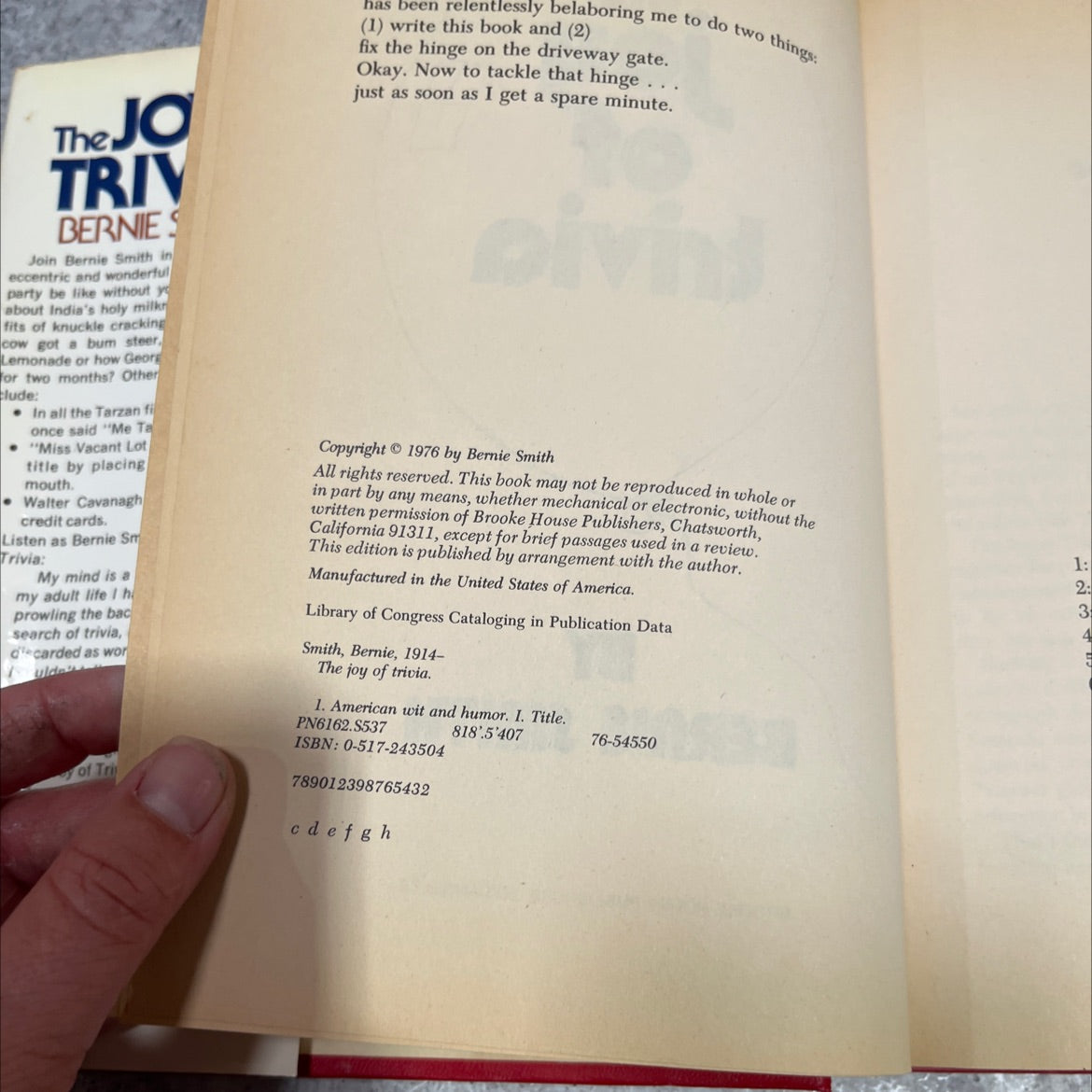 the joy of trivia book, by bernie smith, 1976 Hardcover image 3