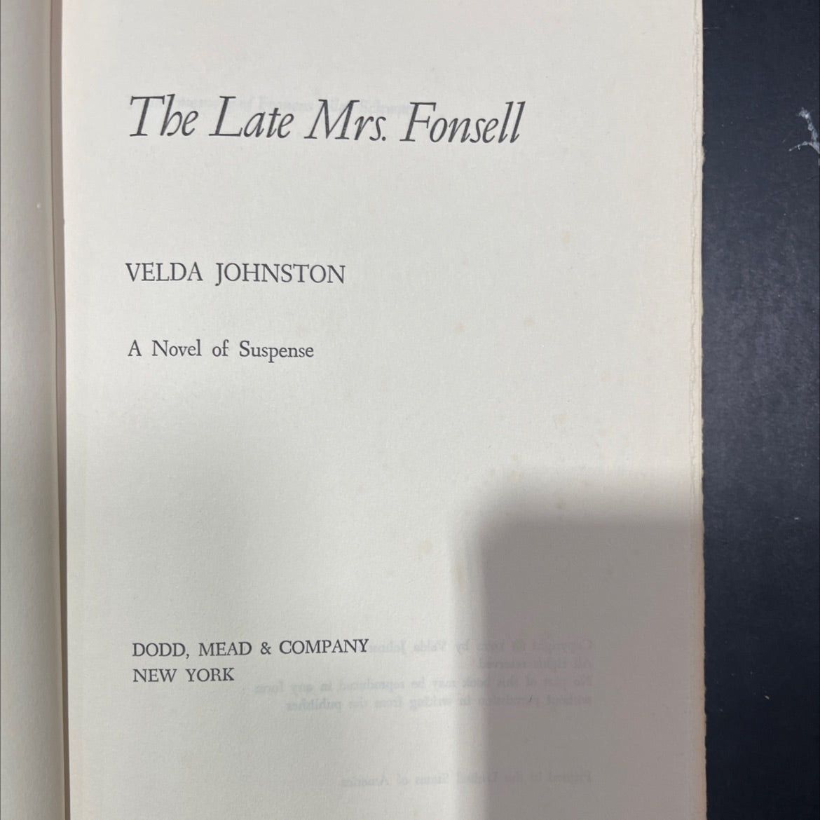 the late mrs. fonsell book, by velda johnston, 1972 Hardcover image 2