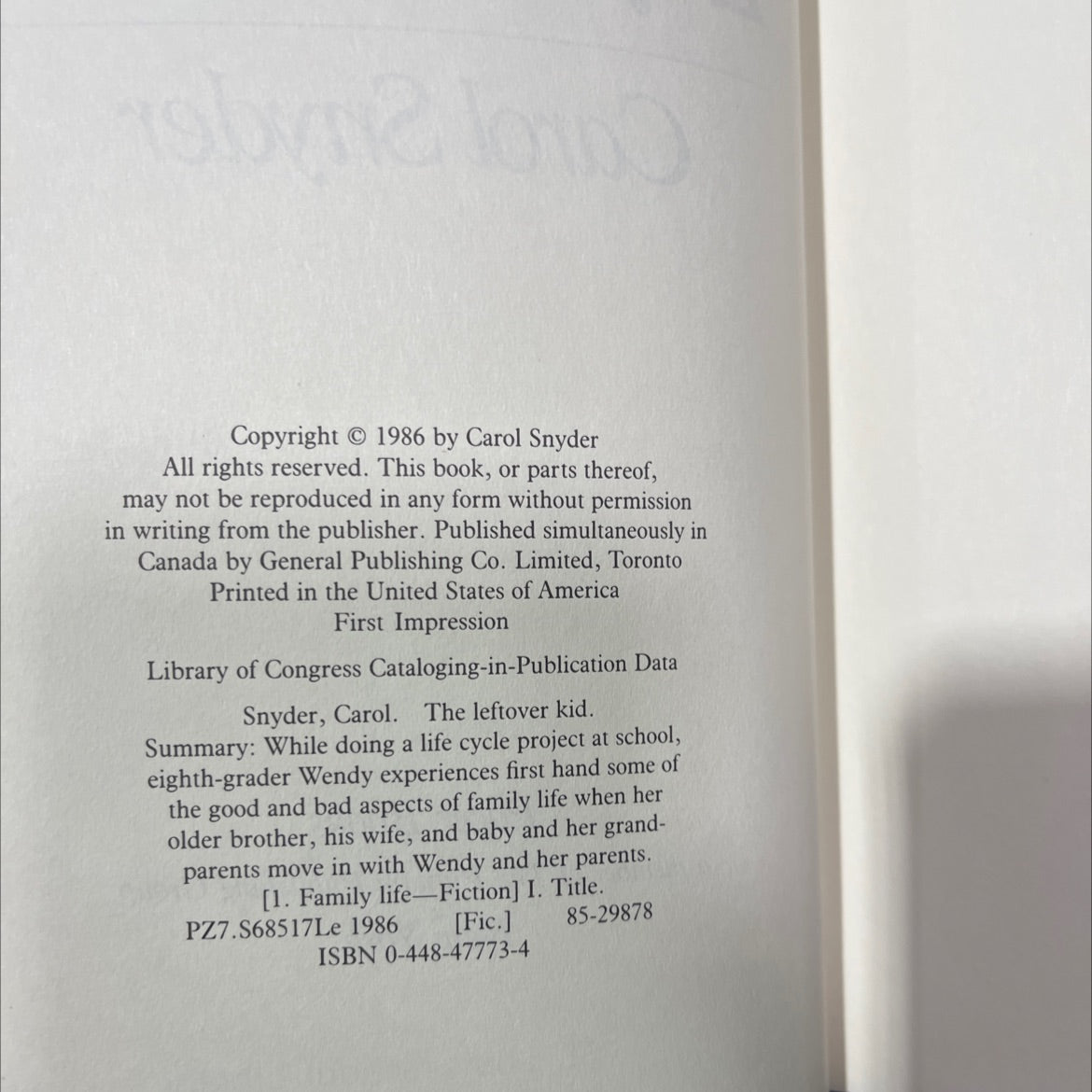 the leftover kid book, by Carol Snyder, 1990 Hardcover image 3