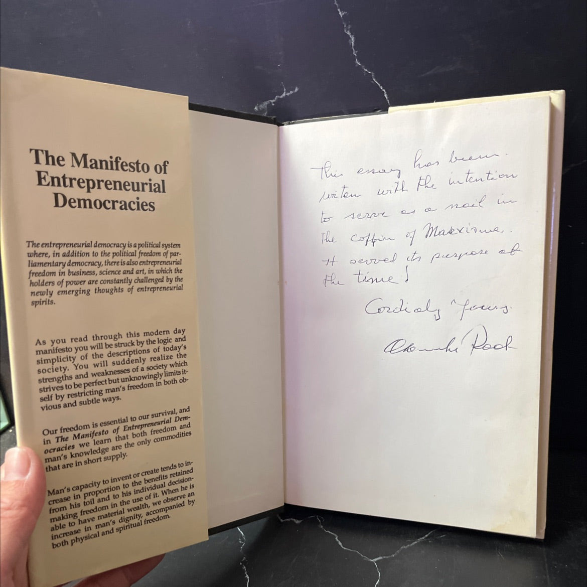 SIGNED the manifesto of entrepreneurial democracies book, by Alexandre Raab, 1989 Hardcover, First Edition image 4