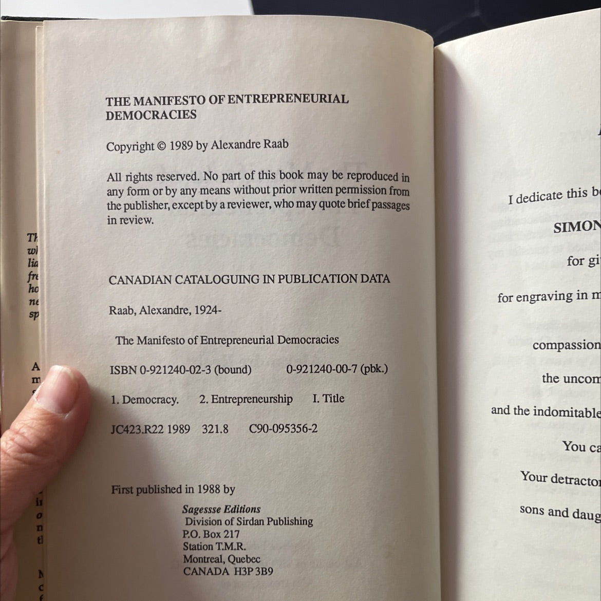 SIGNED the manifesto of entrepreneurial democracies book, by Alexandre Raab, 1989 Hardcover, First Edition image 3