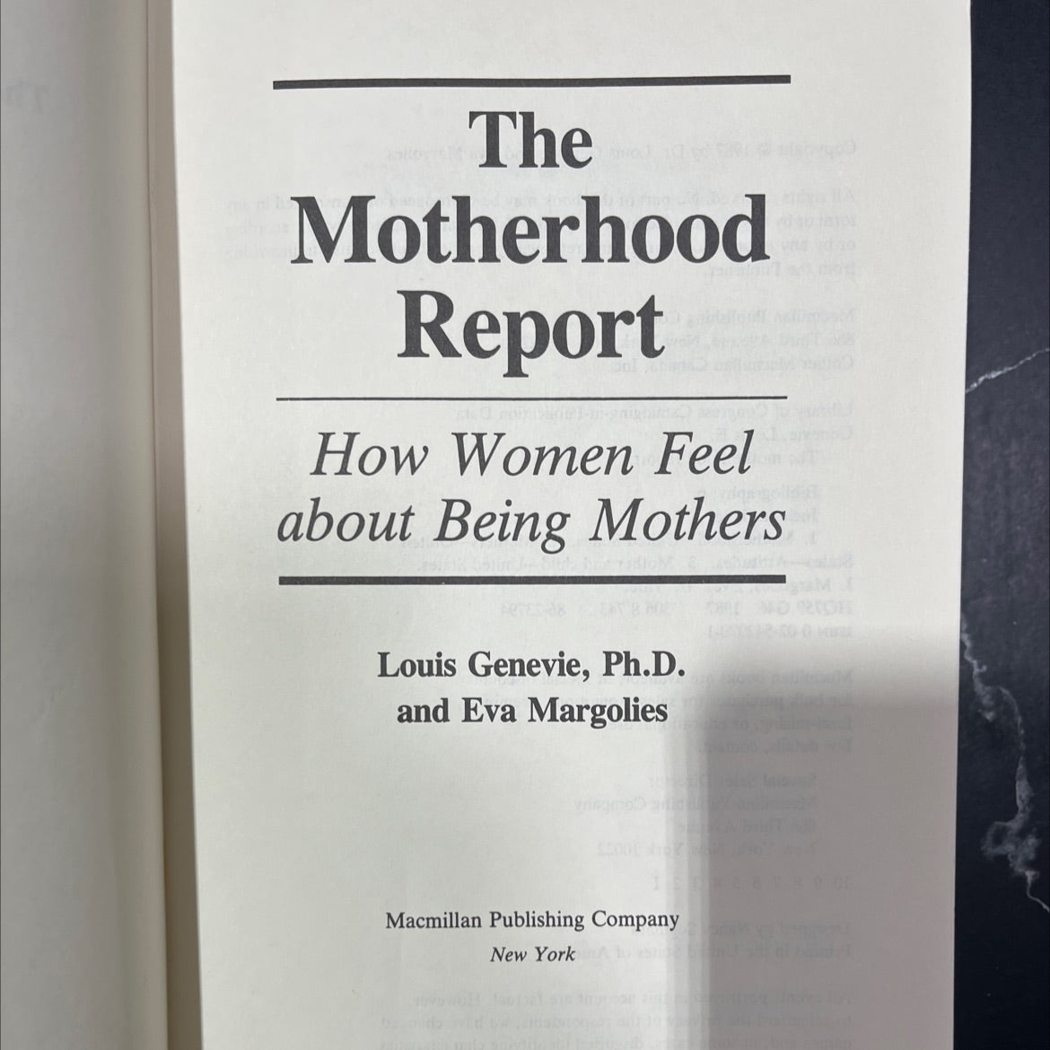the motherhood report book, by louis genevie, ph.d. and eva margolies, 1987 Hardcover image 2