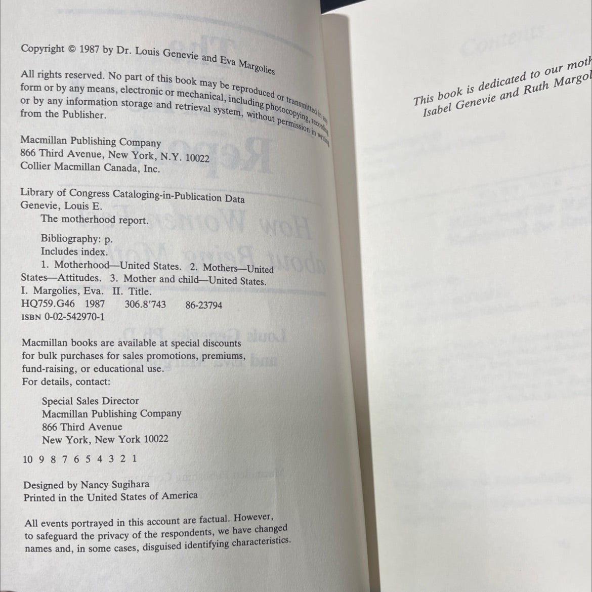 the motherhood report book, by louis genevie, ph.d. and eva margolies, 1987 Hardcover image 3