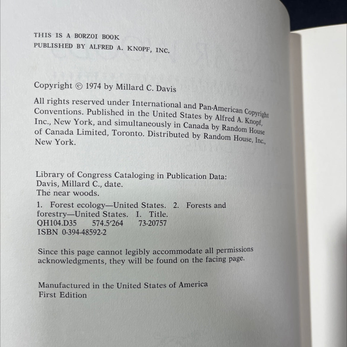 the near woods book, by Millard C. Davis, 1974 Hardcover image 3