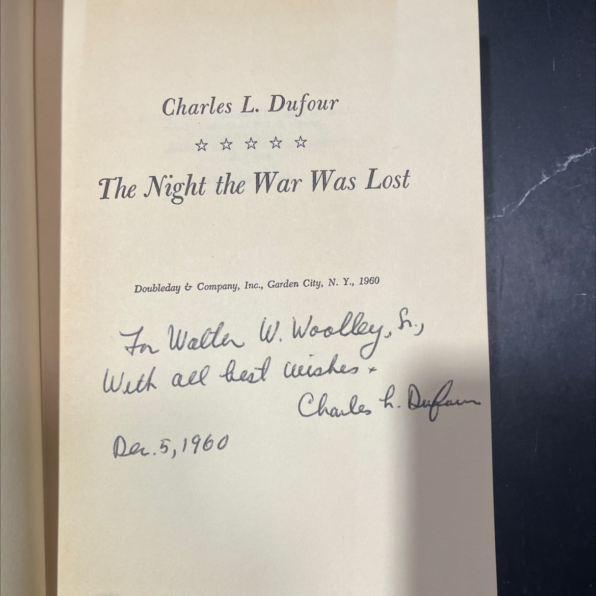 SIGNED the night the war was lost book, by Charles L. Dufour, 1960 Hardcover, First Edition, Vintage image 2