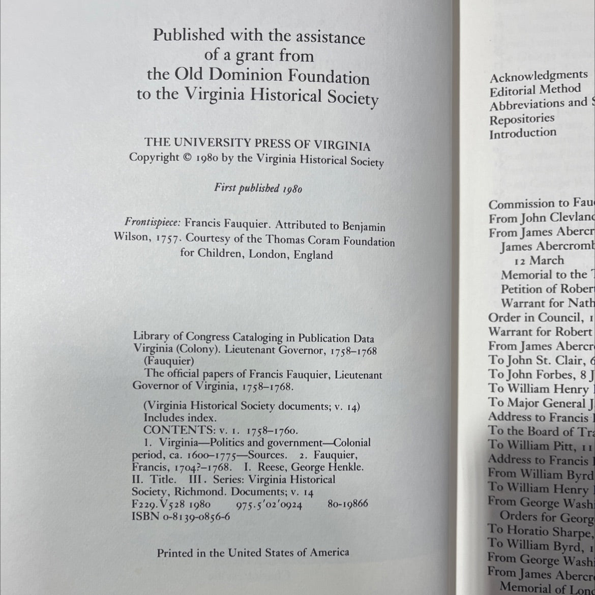 the official papers of francis fauquier lieutenant governor of virginia 1758-1768 book, by george reese, 1980 Hardcover image 3