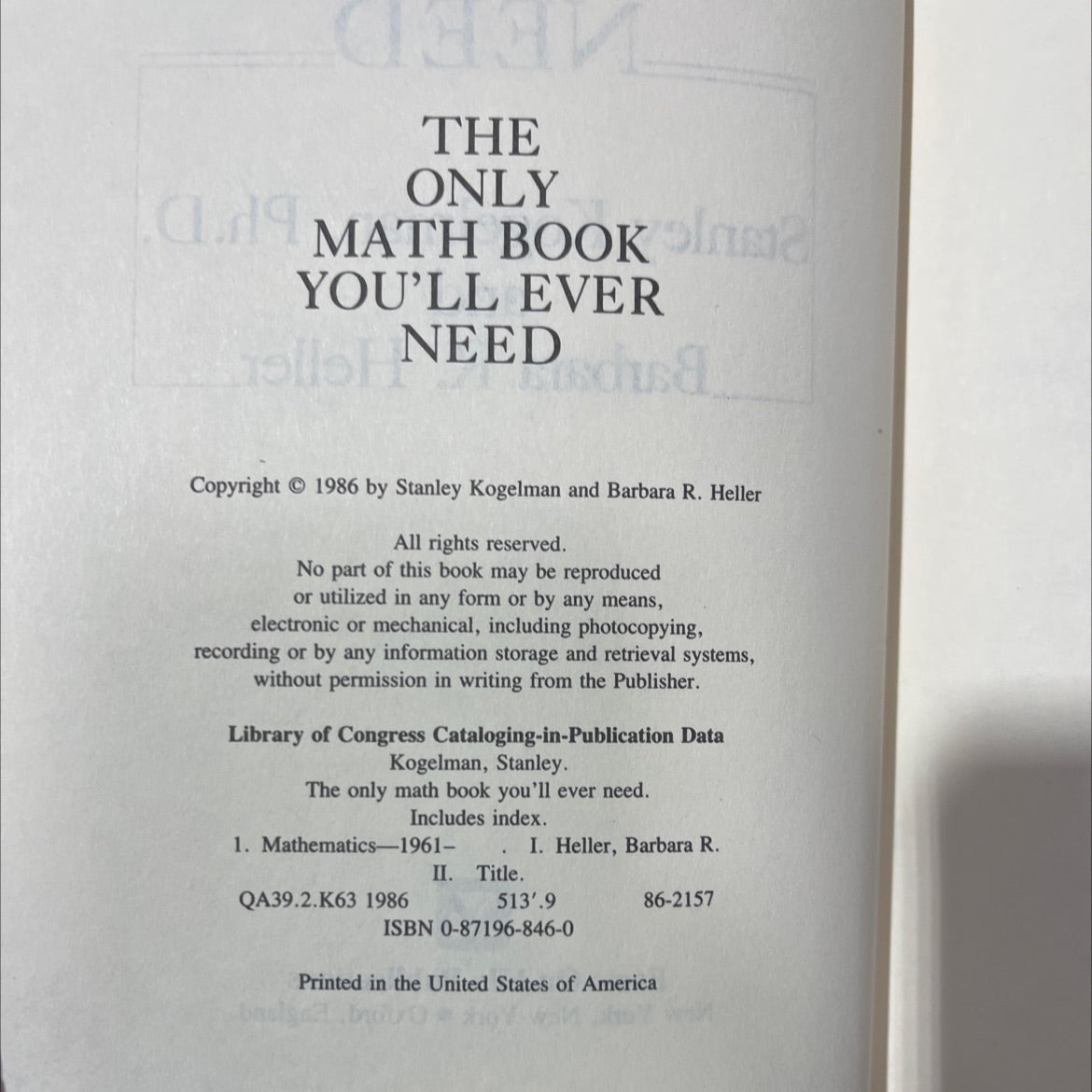 the only math book you'll ever need book, by Stanley Kogelman, Ph.D. and Barbara R. Heller, 1986 Hardcover image 3
