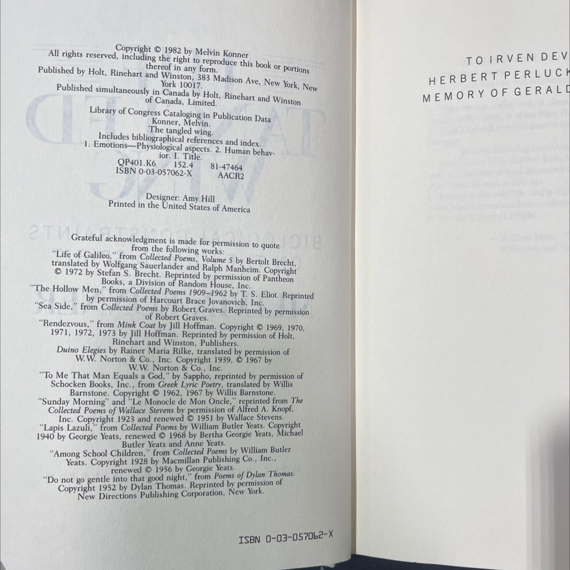 the tangled wing biological constraints on the human spirit book, by Melvin Konner, 1982 Hardcover image 3