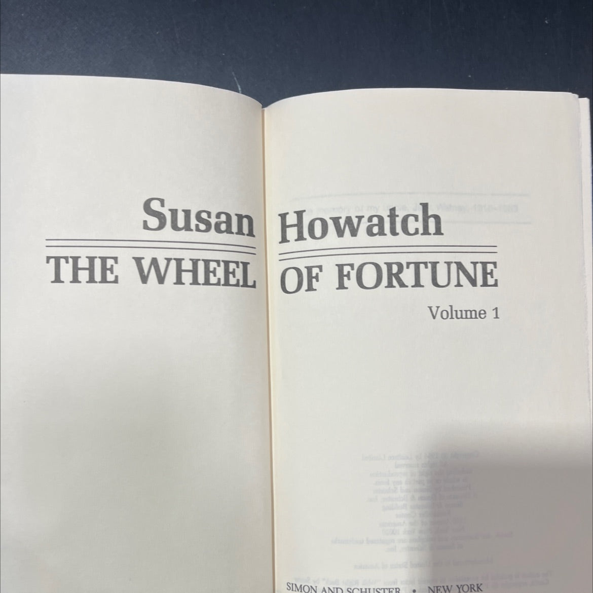 the wheel of fortune volume 1 book, by susan howatch, 1984 Hardcover image 2