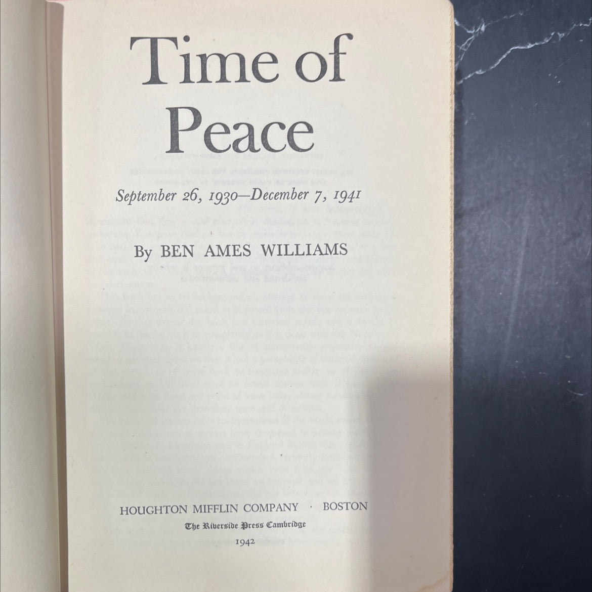 time of peace september 26 1930-december 7 1941 book, by ben ames williams, 1942 Hardcover image 2