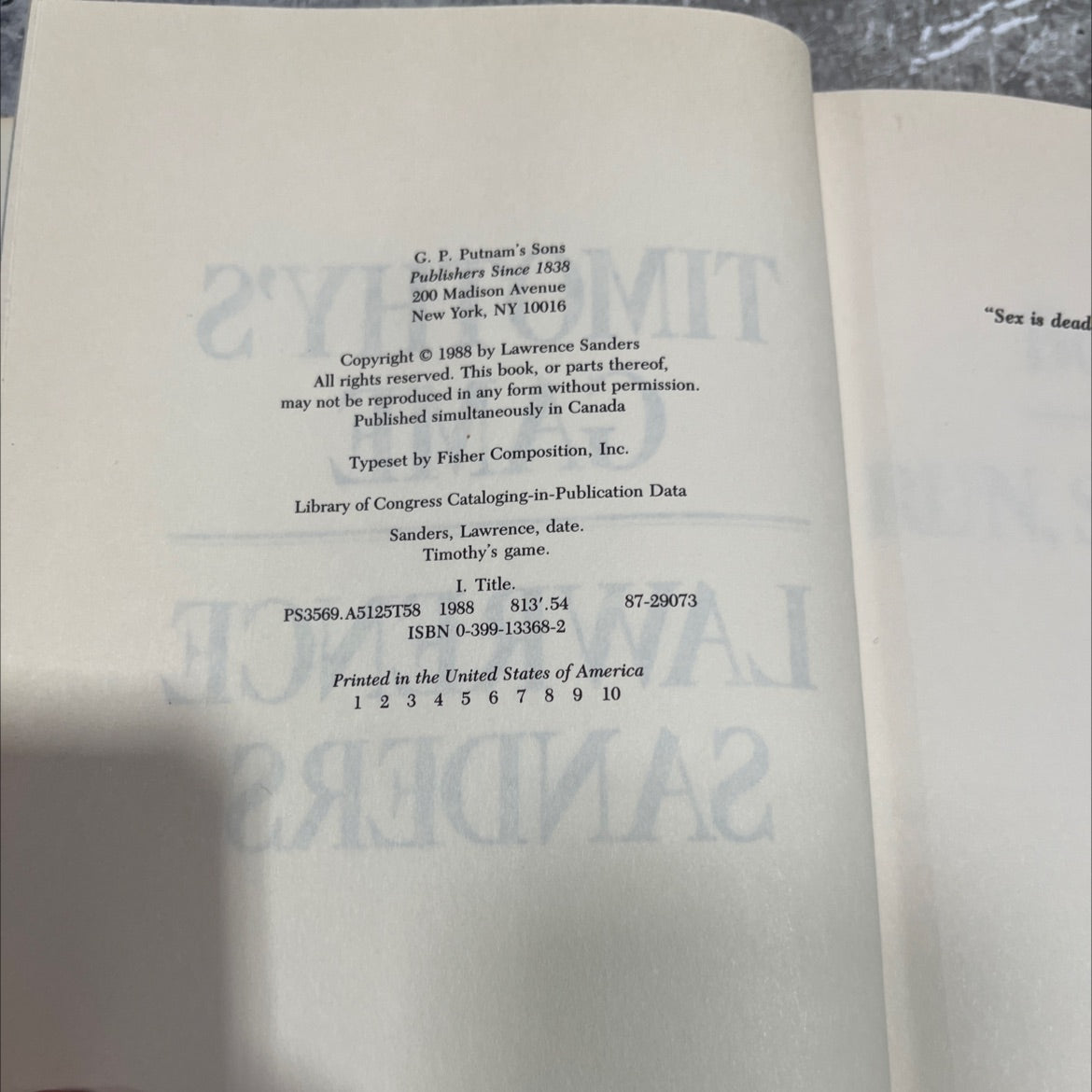 timothy's game book, by lawrence sanders, 1988 Hardcover image 3