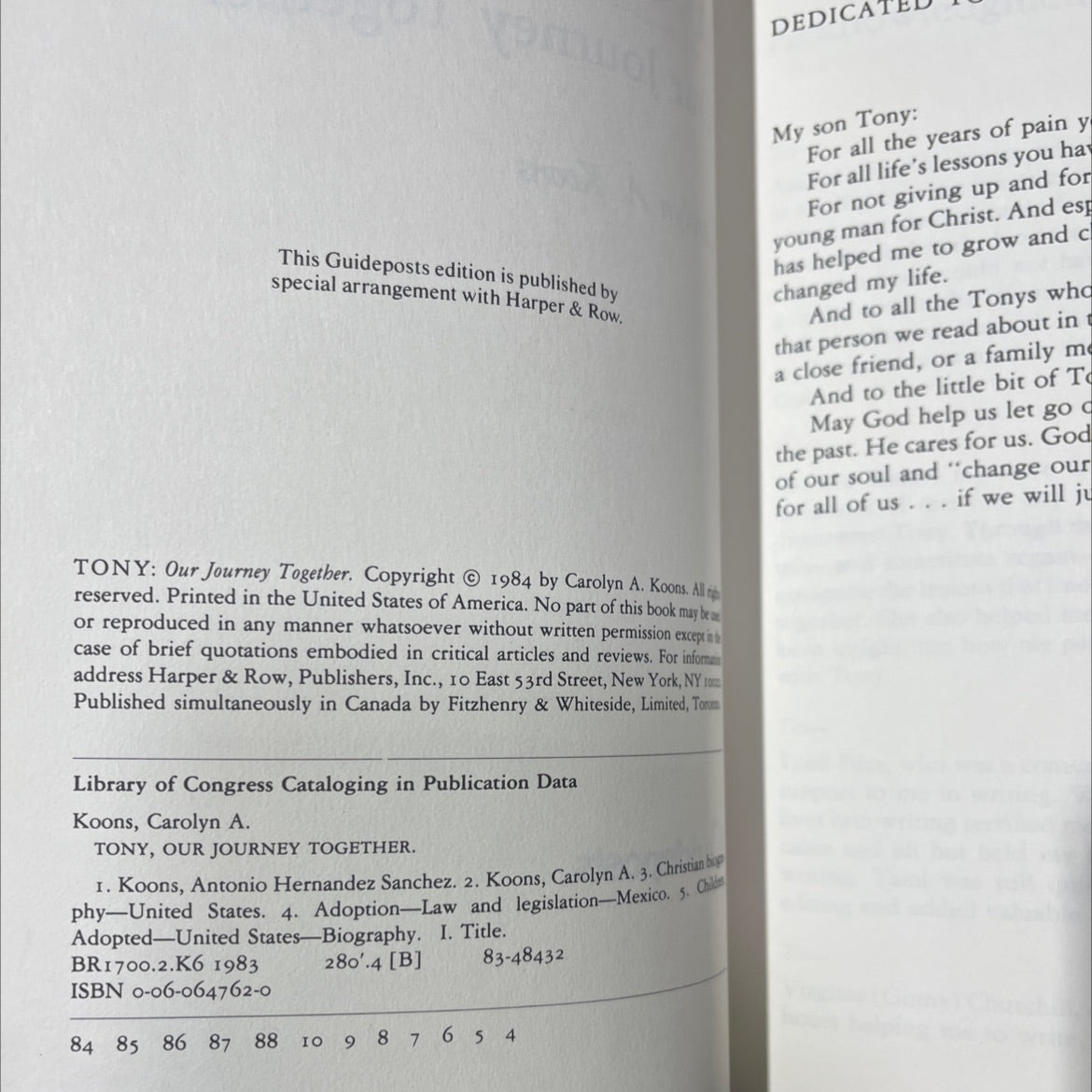 tony: our journey together book, by carolyn a. koons, 1984 Hardcover image 3