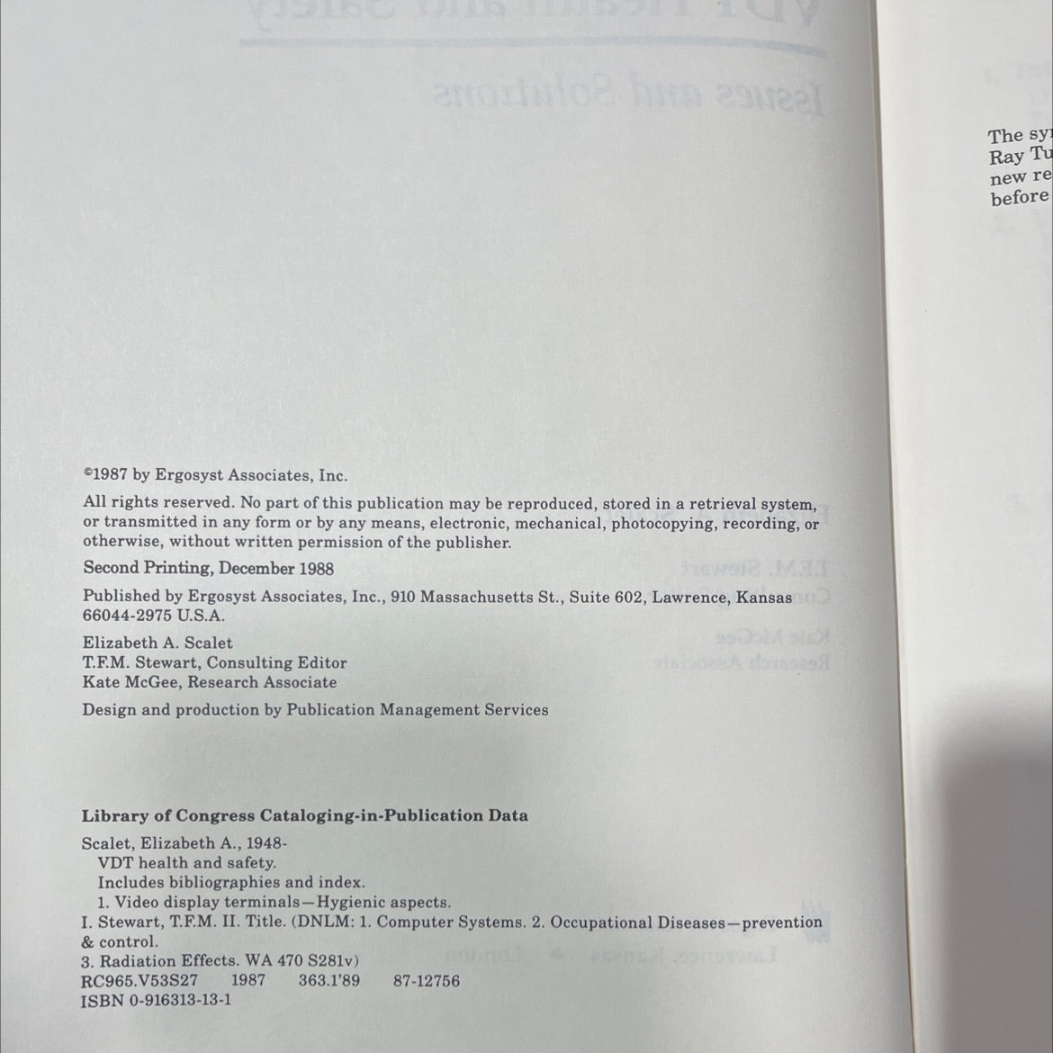 vdt health and safety issues and solutions book, by elizabeth a. scalet, 1987 Hardcover image 3