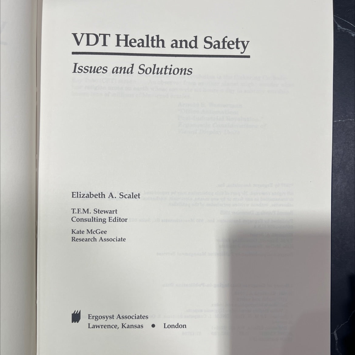 vdt health and safety issues and solutions book, by elizabeth a. scalet, 1987 Hardcover image 2
